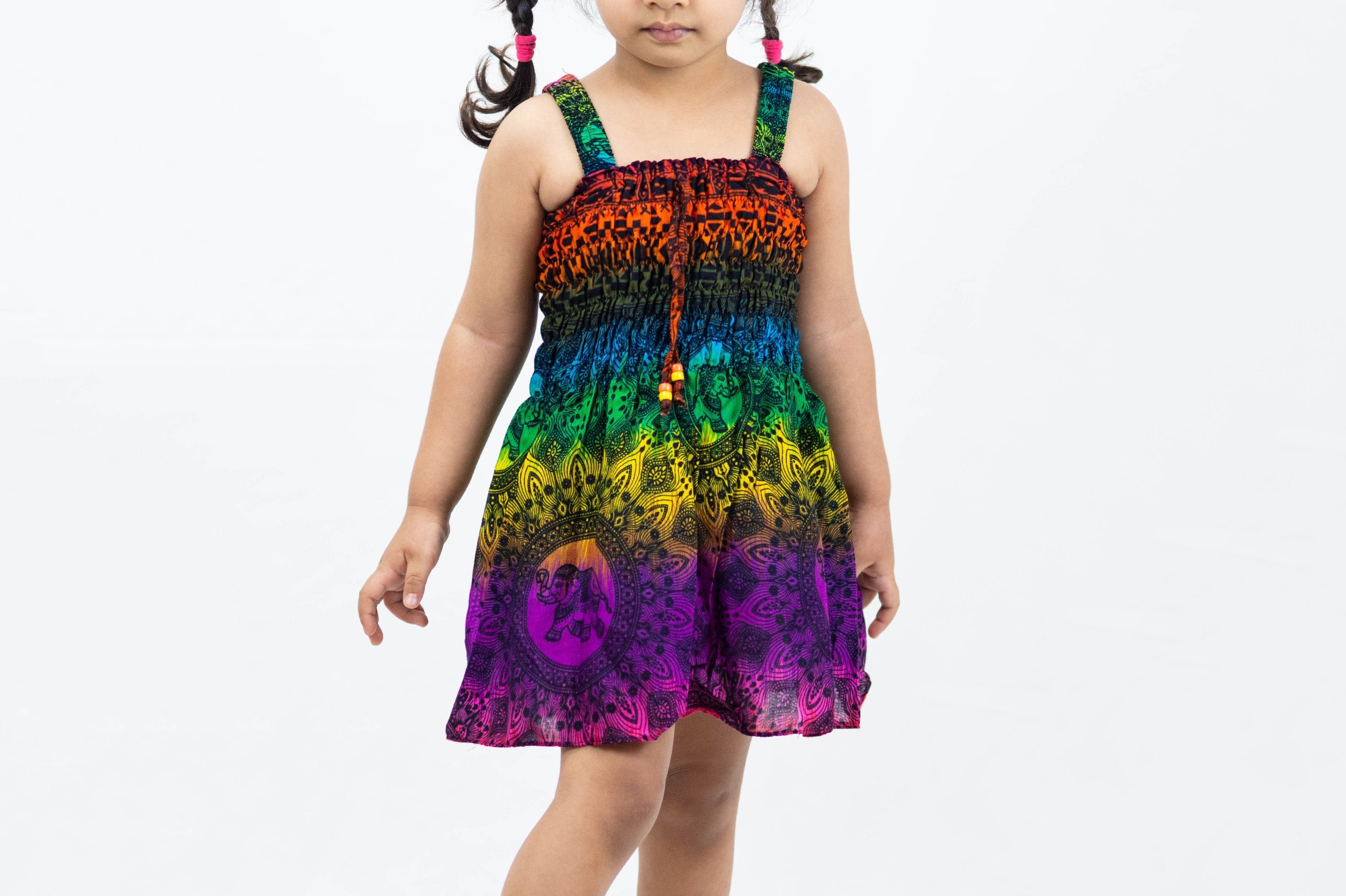 Kids Rainbow Elephant Smock Dress in Purple
