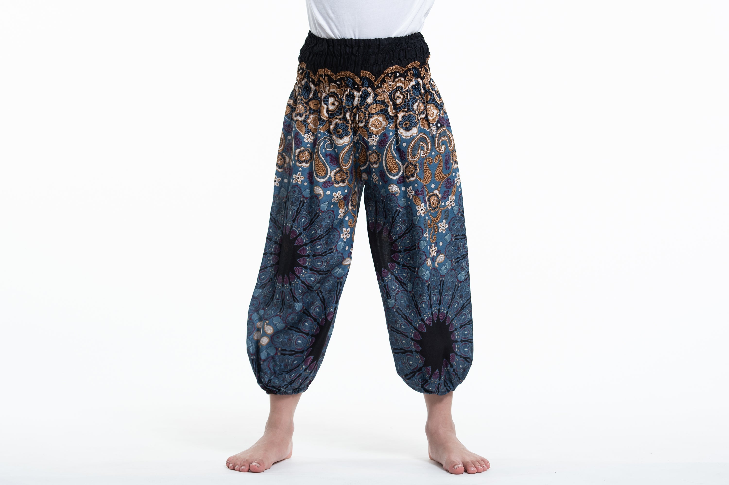Paisley Mandalas Kids Harem Pants in Blue Gray