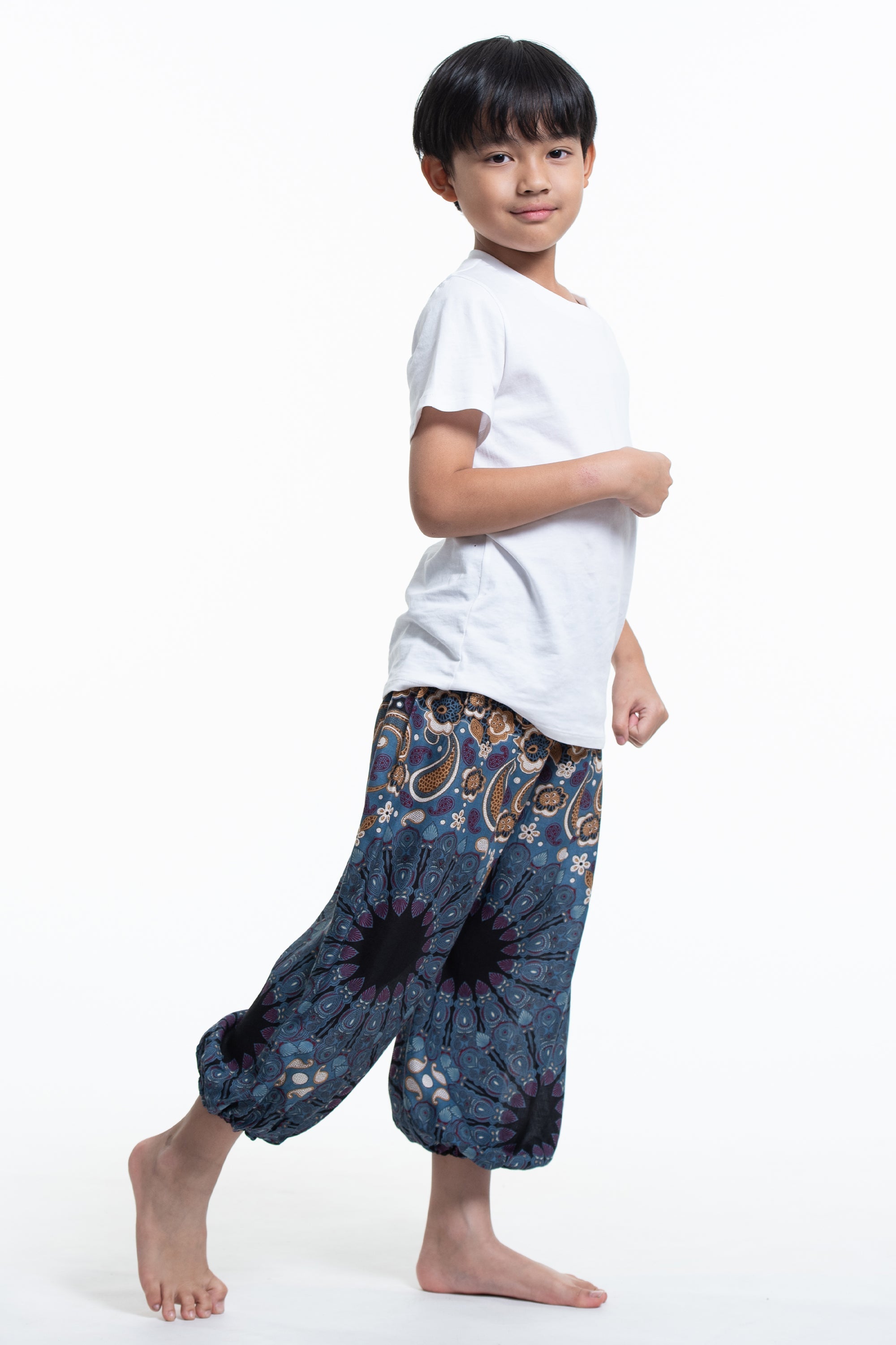 Paisley Mandalas Kids Harem Pants in Blue Gray