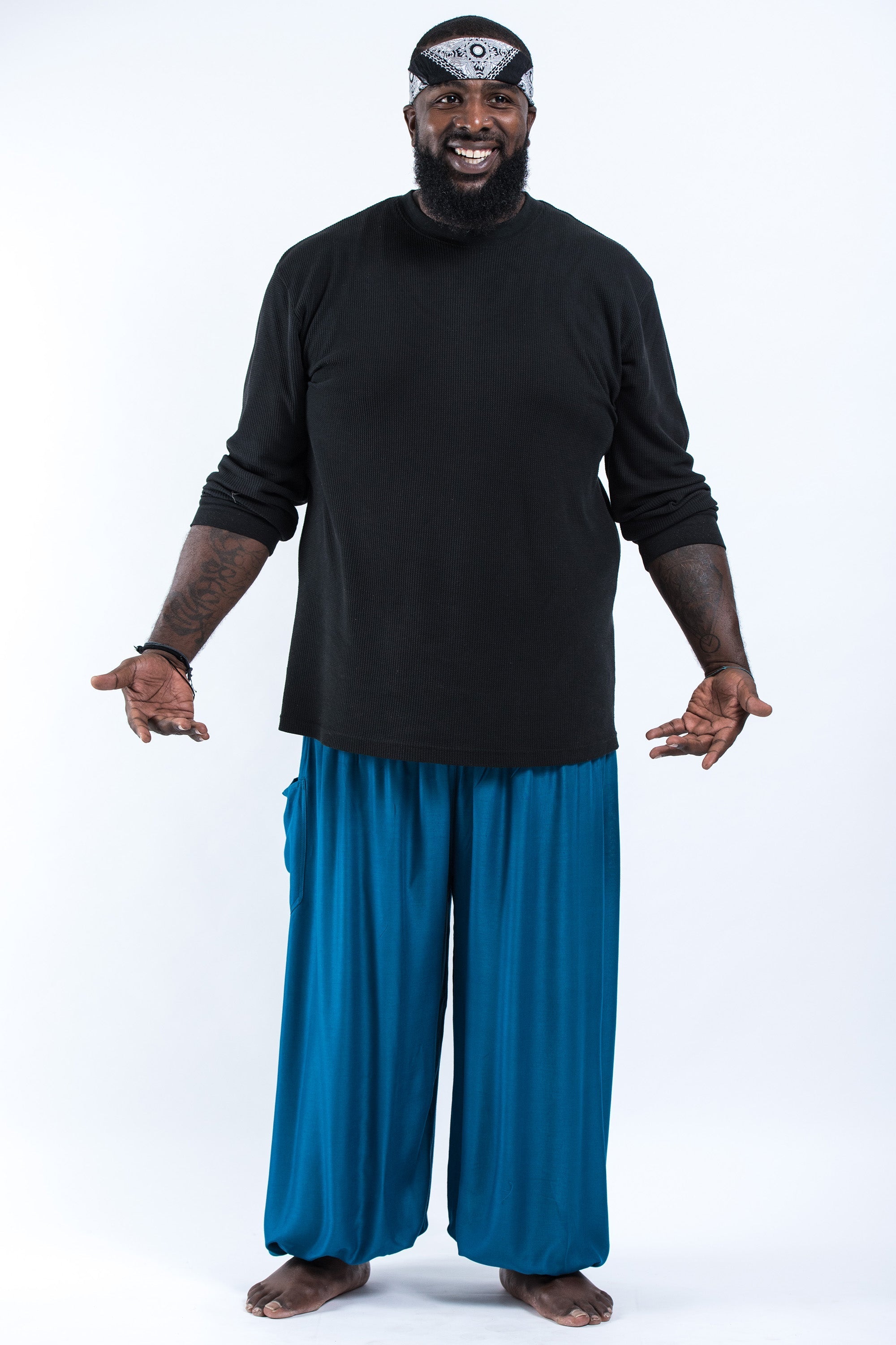 Plus Size Solid Color Men's Harem Pants in Aqua Blue