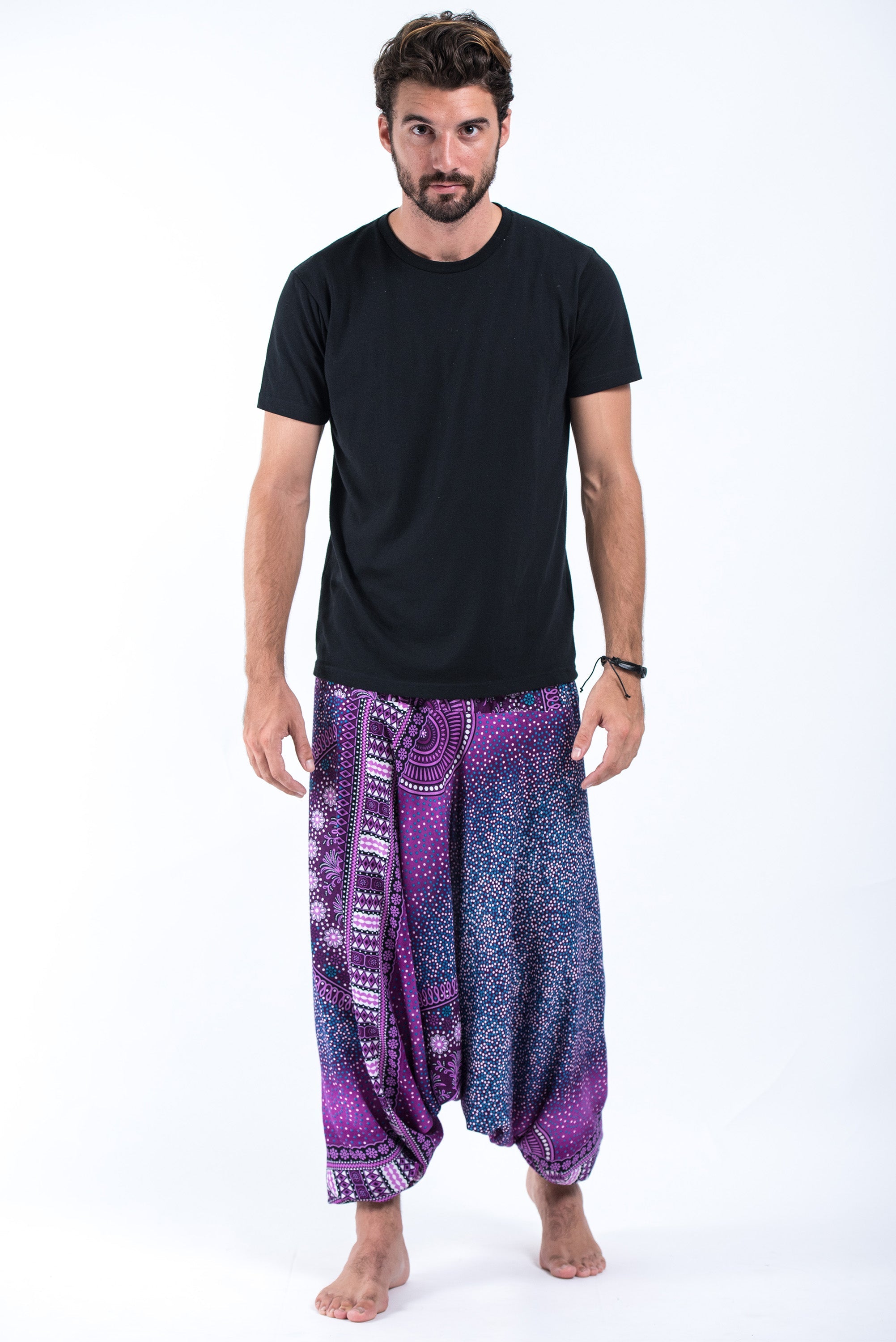 Tribal Chakras Drop Crotch Men's Harem Pants in Purple