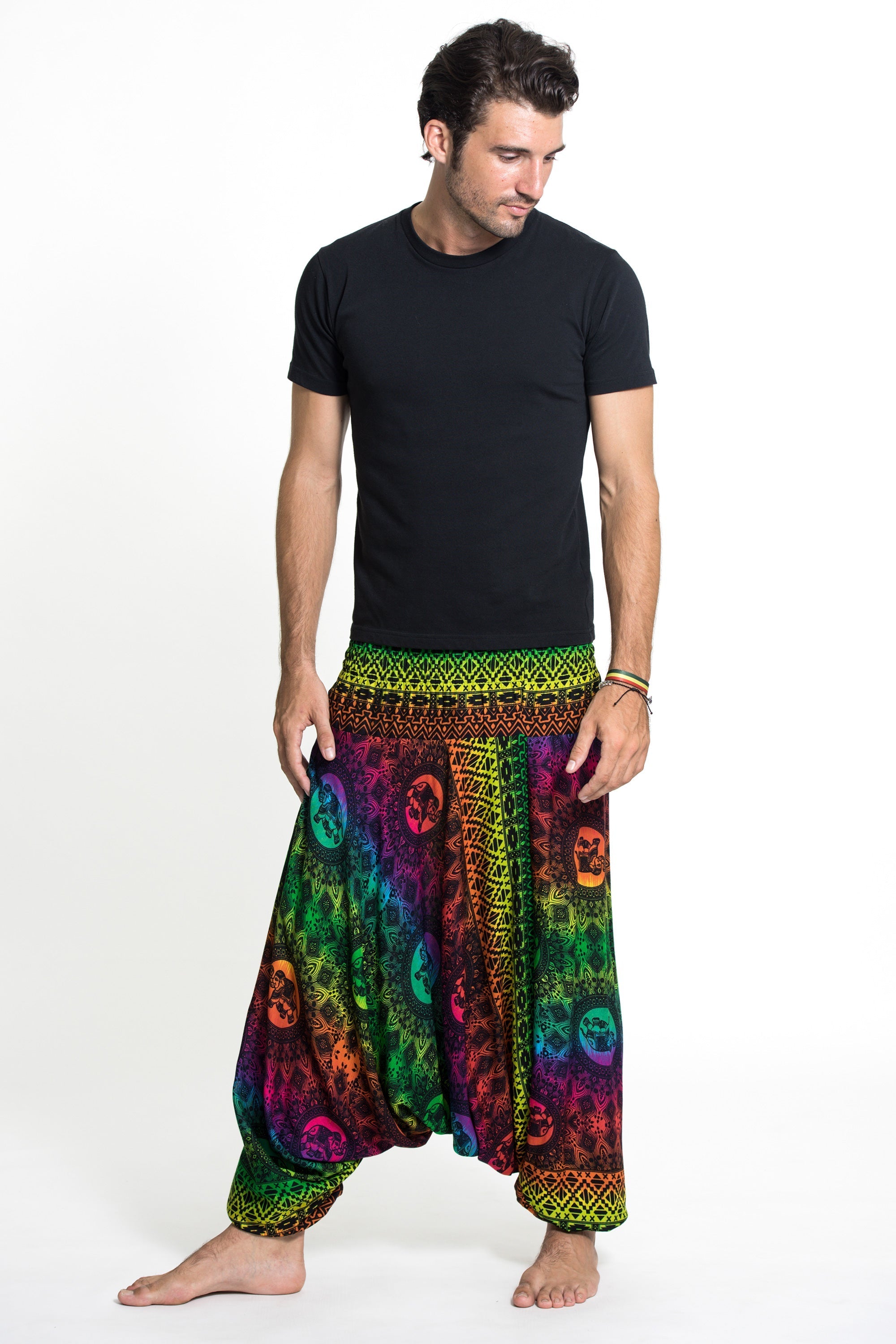 Rainbow Elephant Drop Crotch Men's Elephant Pants in Green