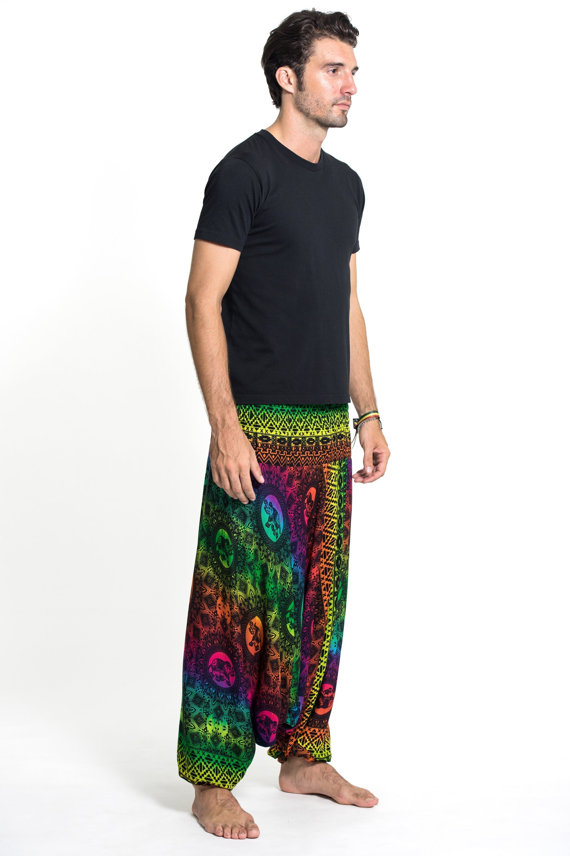 Rainbow Elephant Drop Crotch Men's Elephant Pants in Green