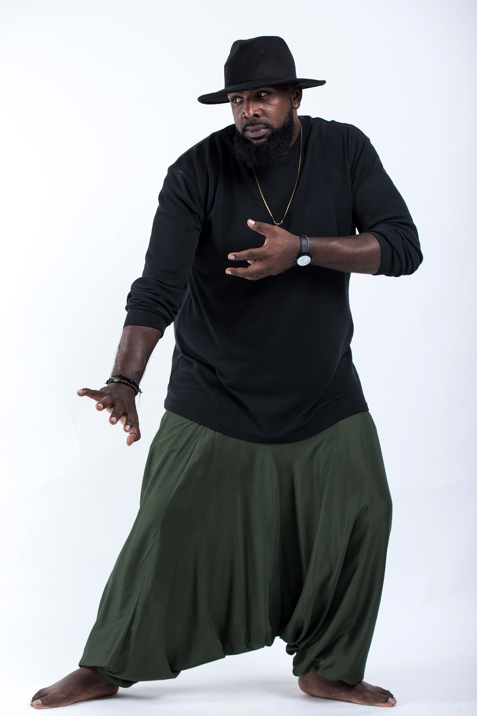 Plus Size Solid Color Drop Crotch Men's Harem Pants in Dark green