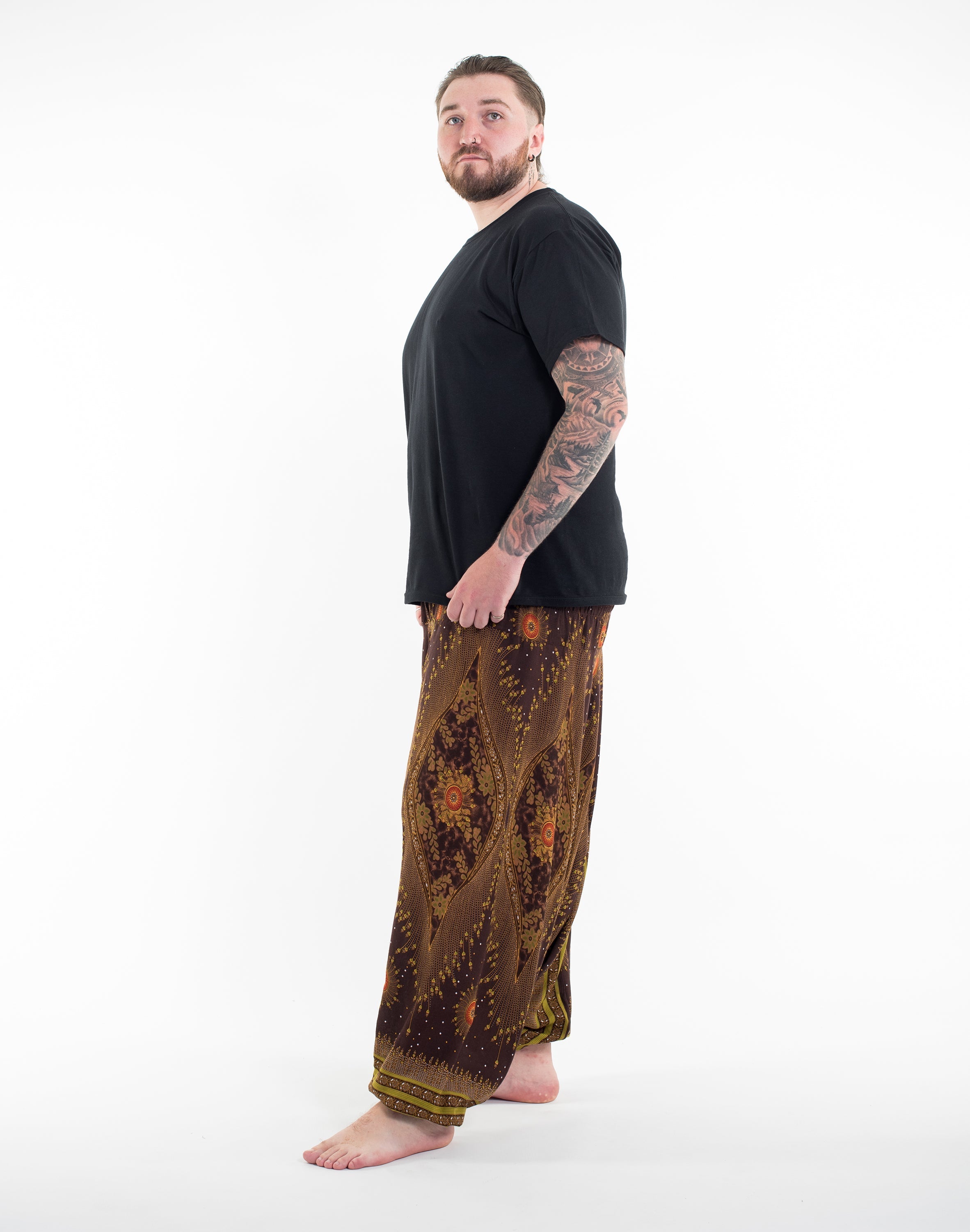 Plus Size Peacock Eyes Drop Crotch Men's Harem Pants in Brown