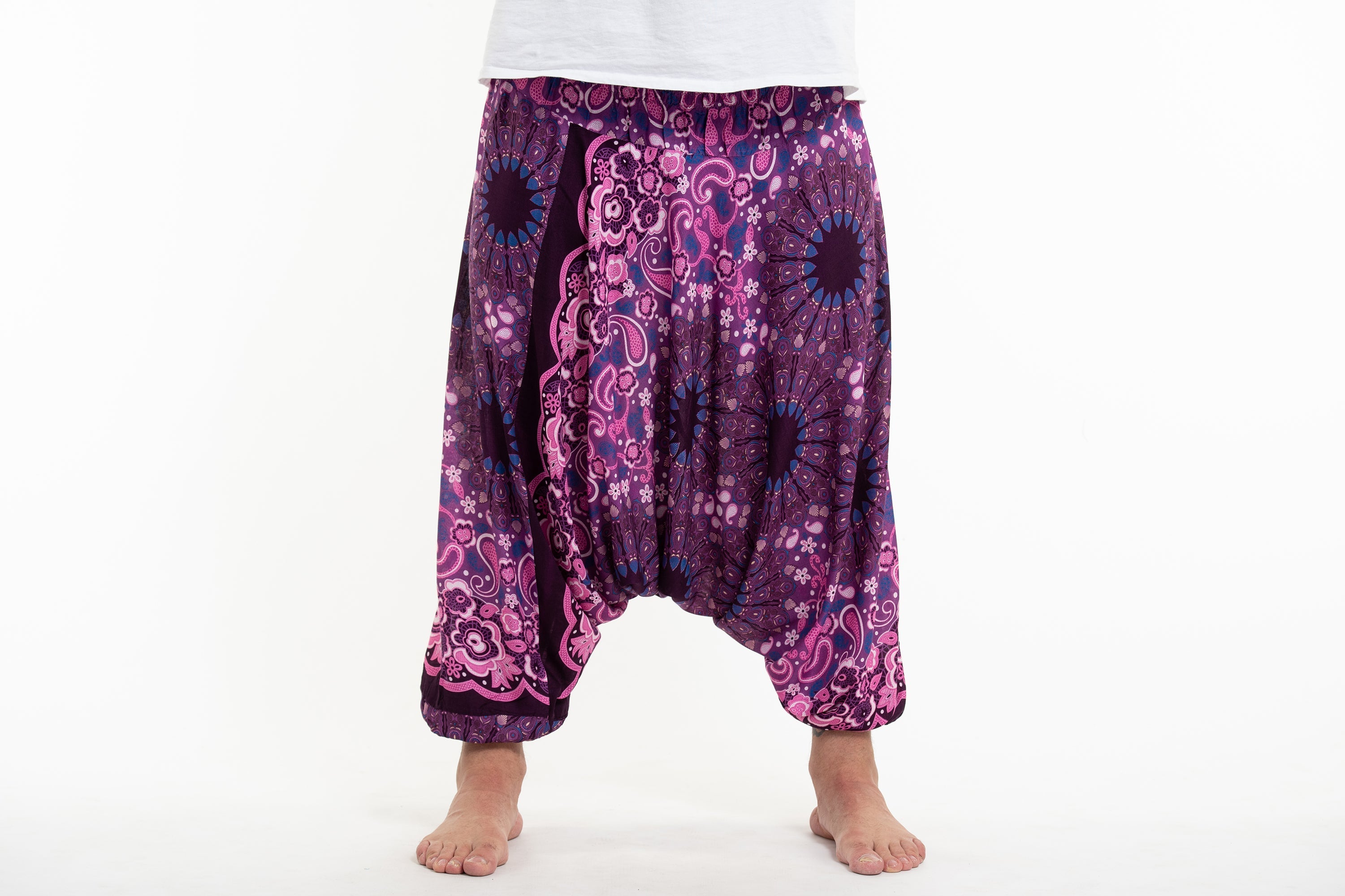 Plus Size Paisley Mandalas Drop Crotch Men's Harem Pants in Purple