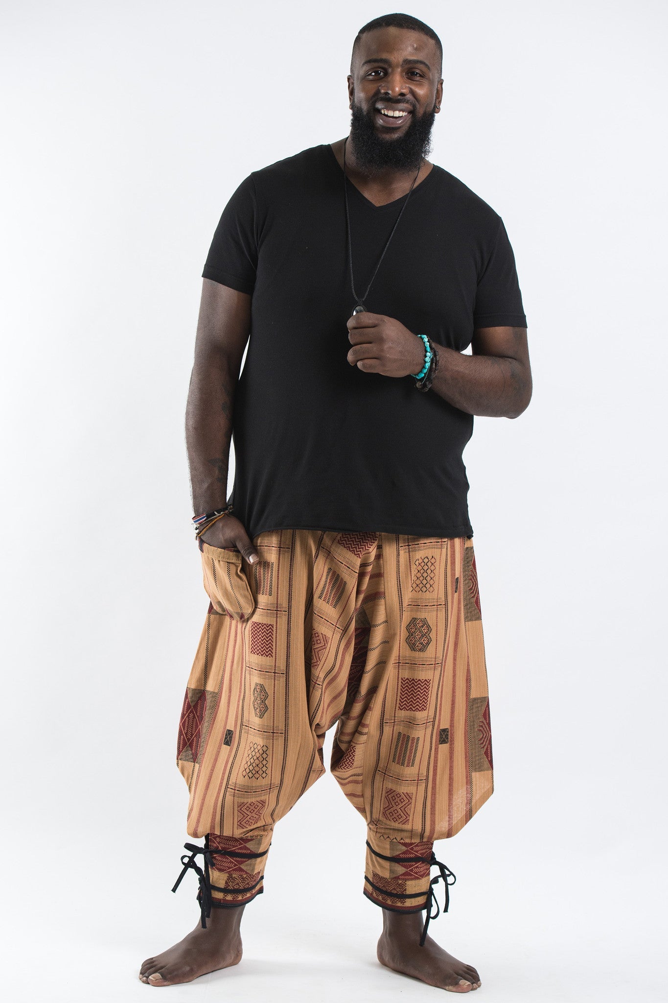Plus Size Thai Hill Tribe Fabric Men Harem Pants with Ankle Straps in Beige