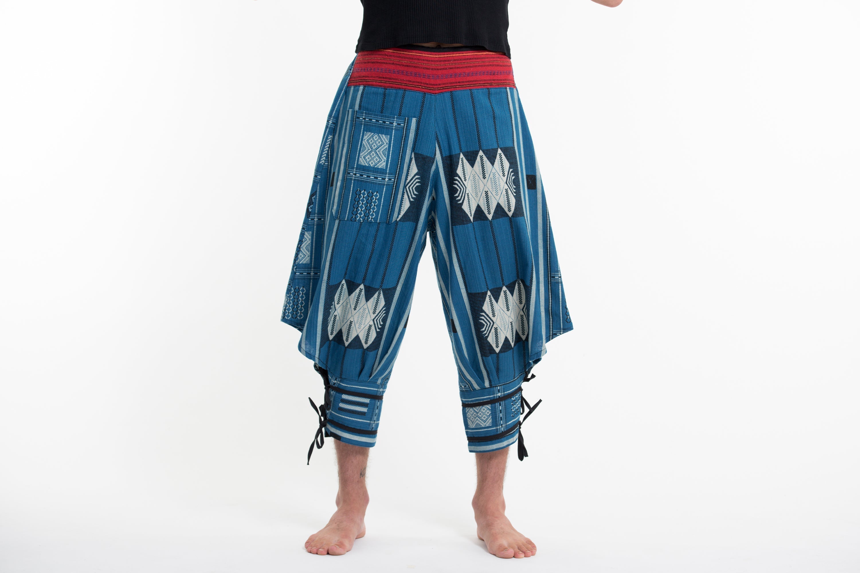 Thai Hill Tribe Fabric Men's Harem Pants with Ankle Straps in Blue