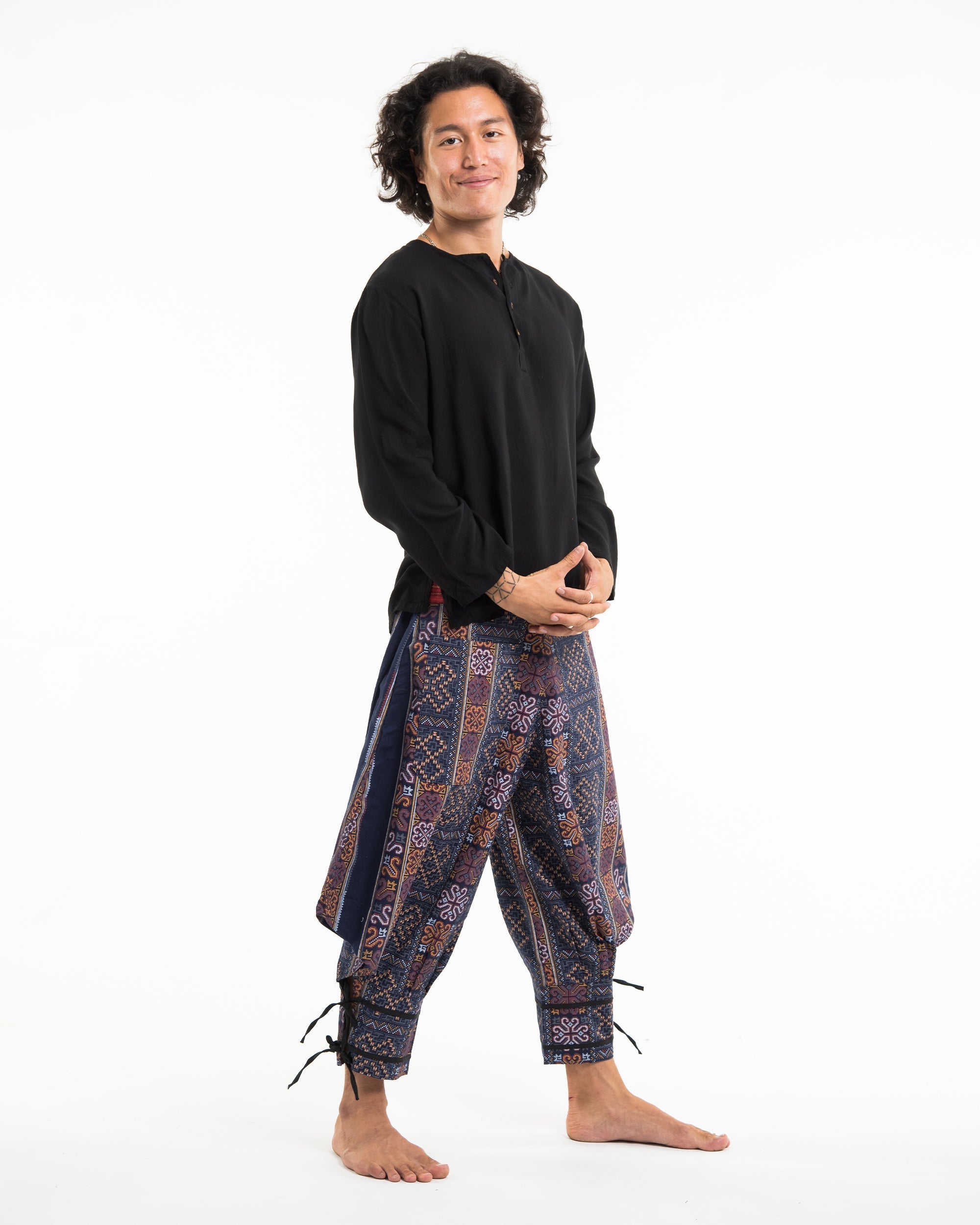 Clovers Thai Hill Tribe Fabric Men's Harem Pants with Ankle Straps in Blue