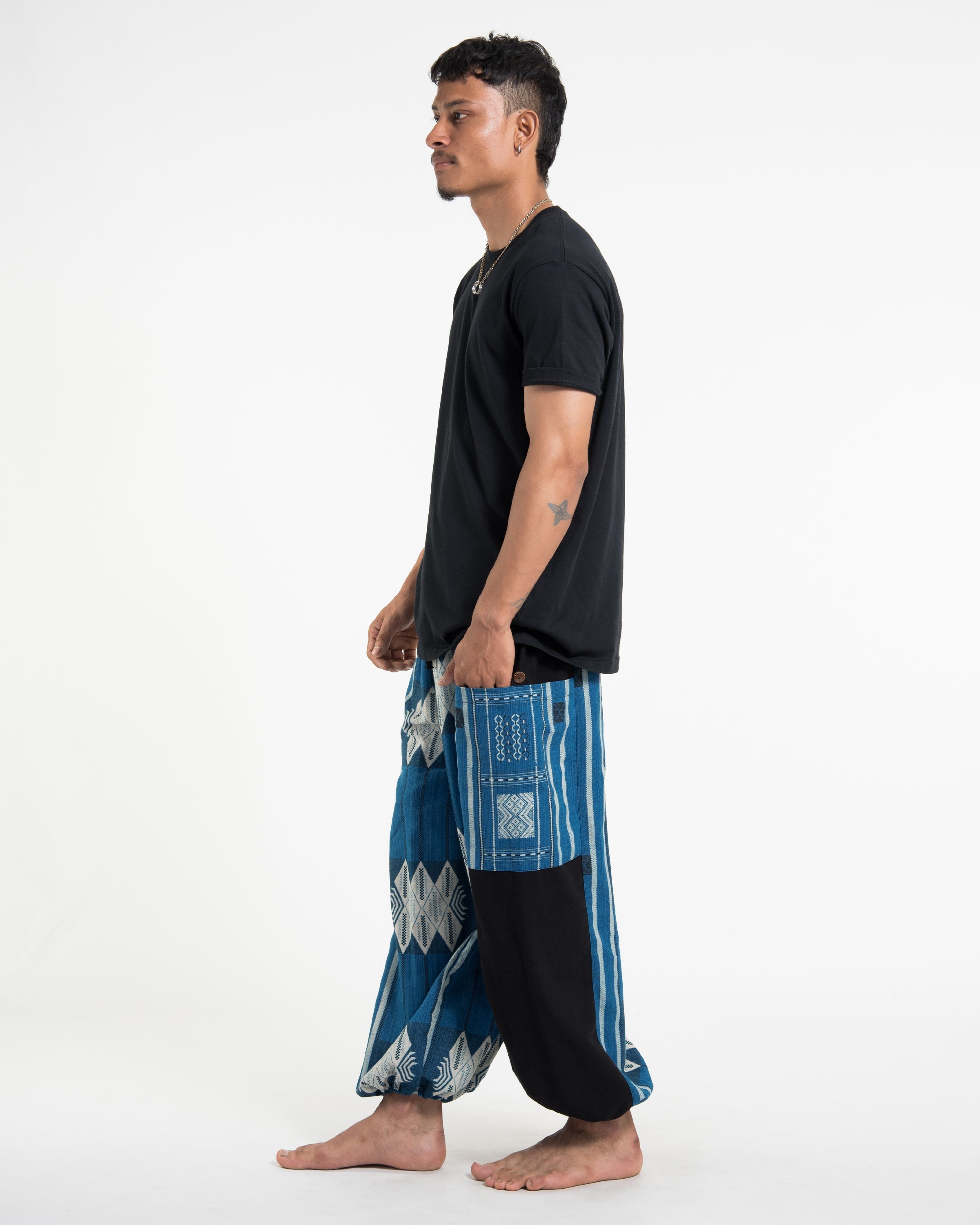 Two Tone Thai Hill Tribe Fabric Men's Cotton Pants in Blue