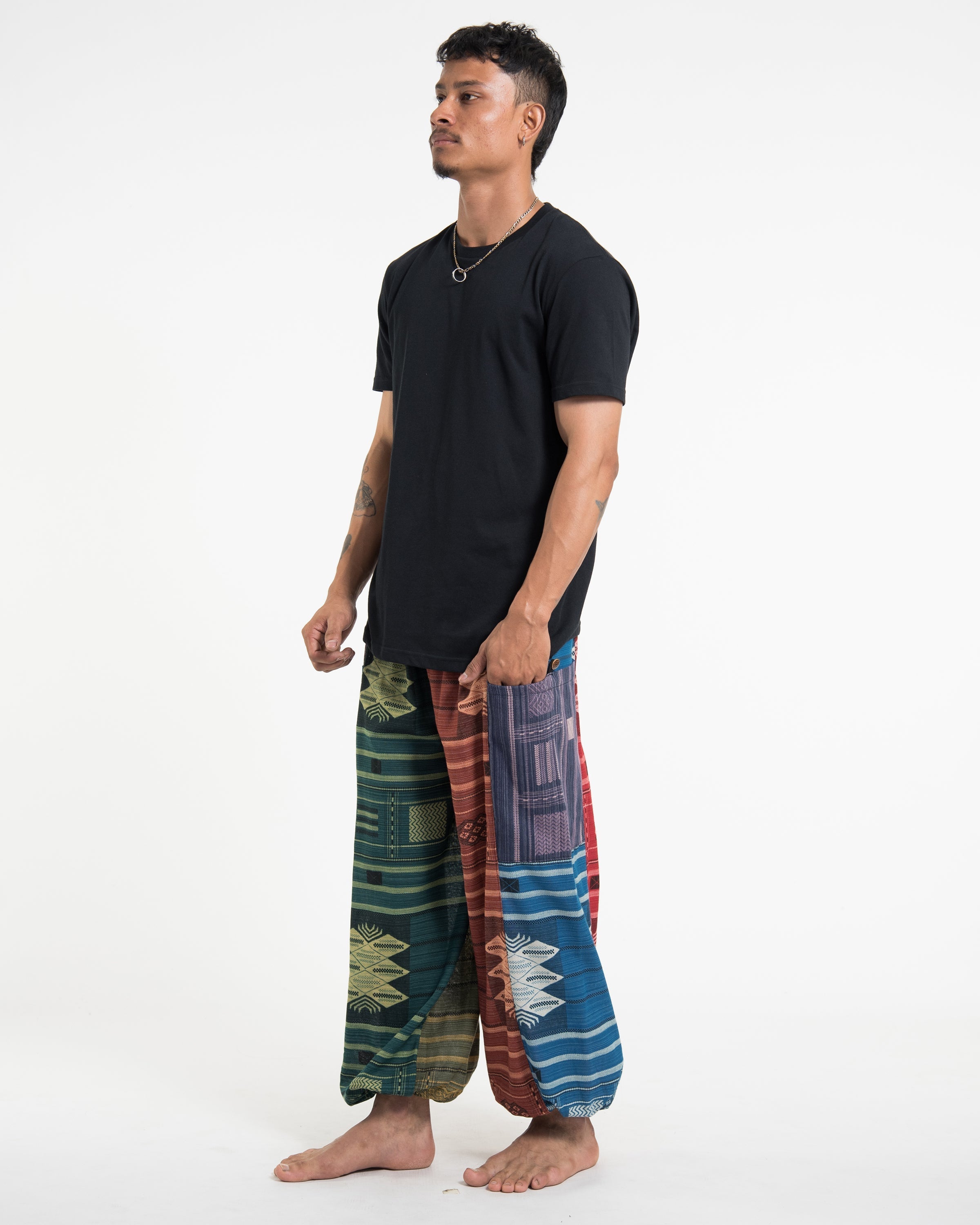 Patchwork Thai Hill Tribe Fabric Men's Cotton Pants in Multi