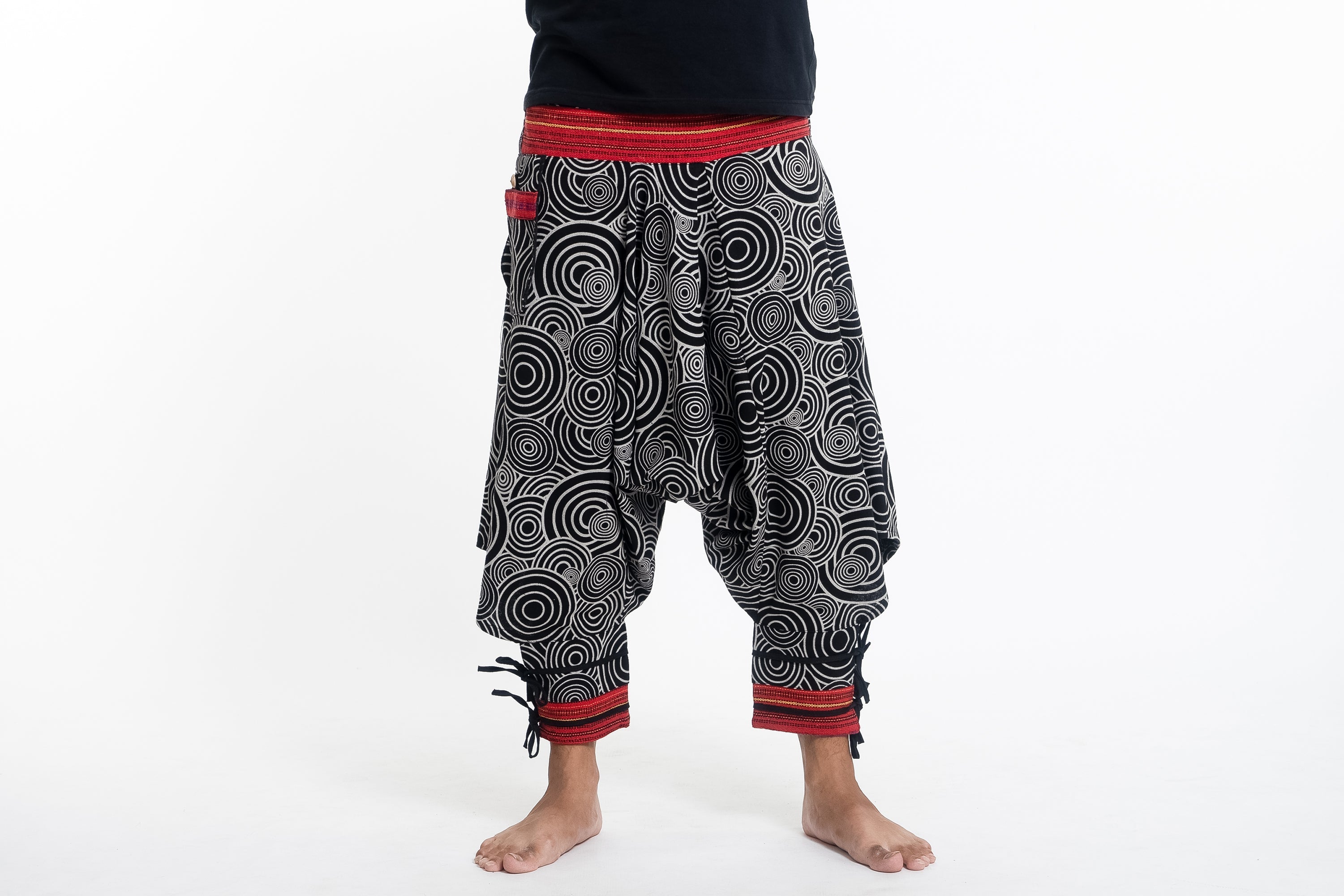 Swirls Prints Thai Hill Tribe Fabric Men's Harem Pants with Ankle Straps in Black