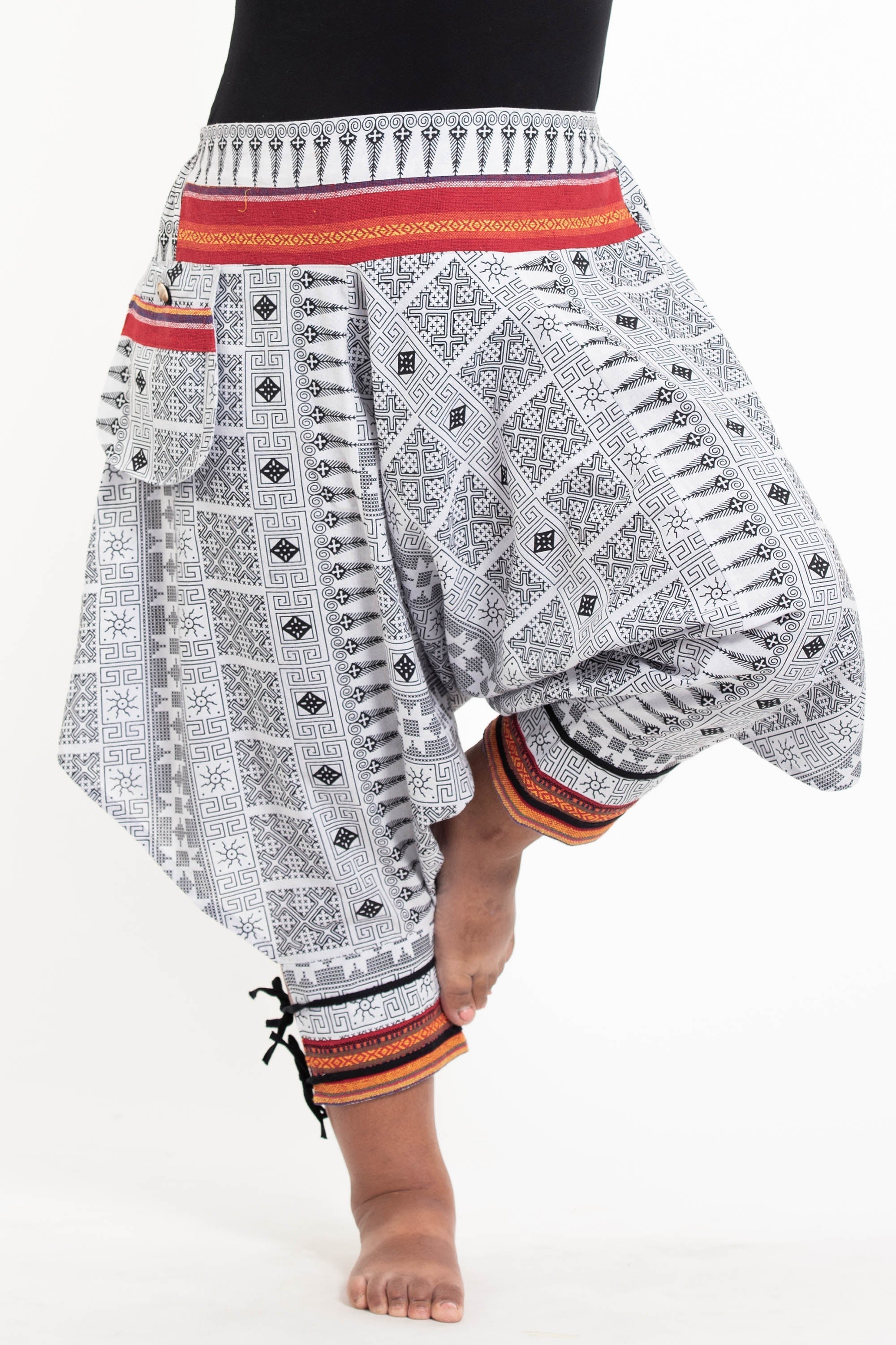 Plus Size Traditional Prints Thai Hill Tribe Fabric Men's Harem Pants with Ankle Straps in White