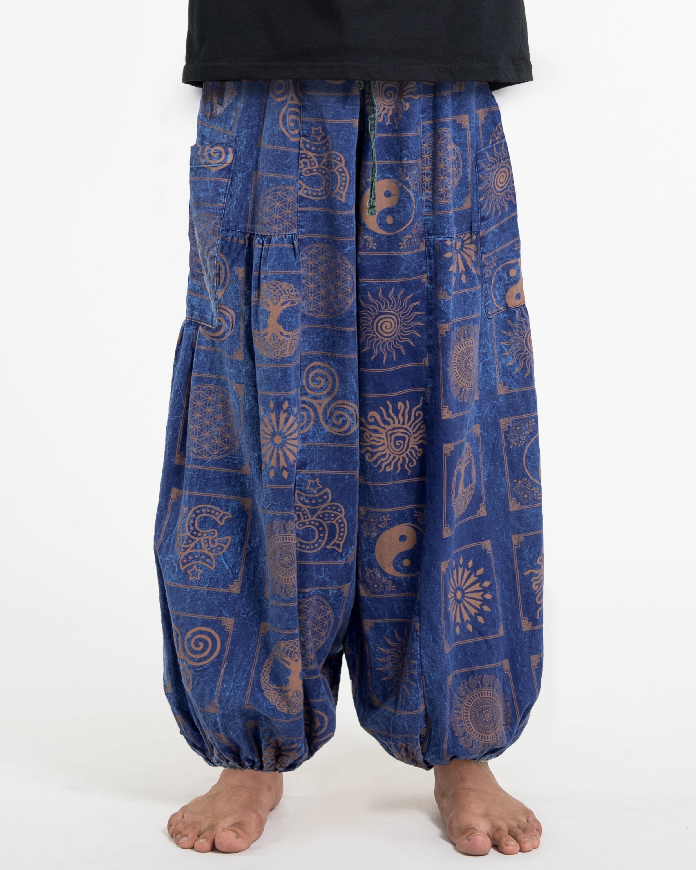 Men's Block Print Stone Washed Balloon Cotton Pants in Navy