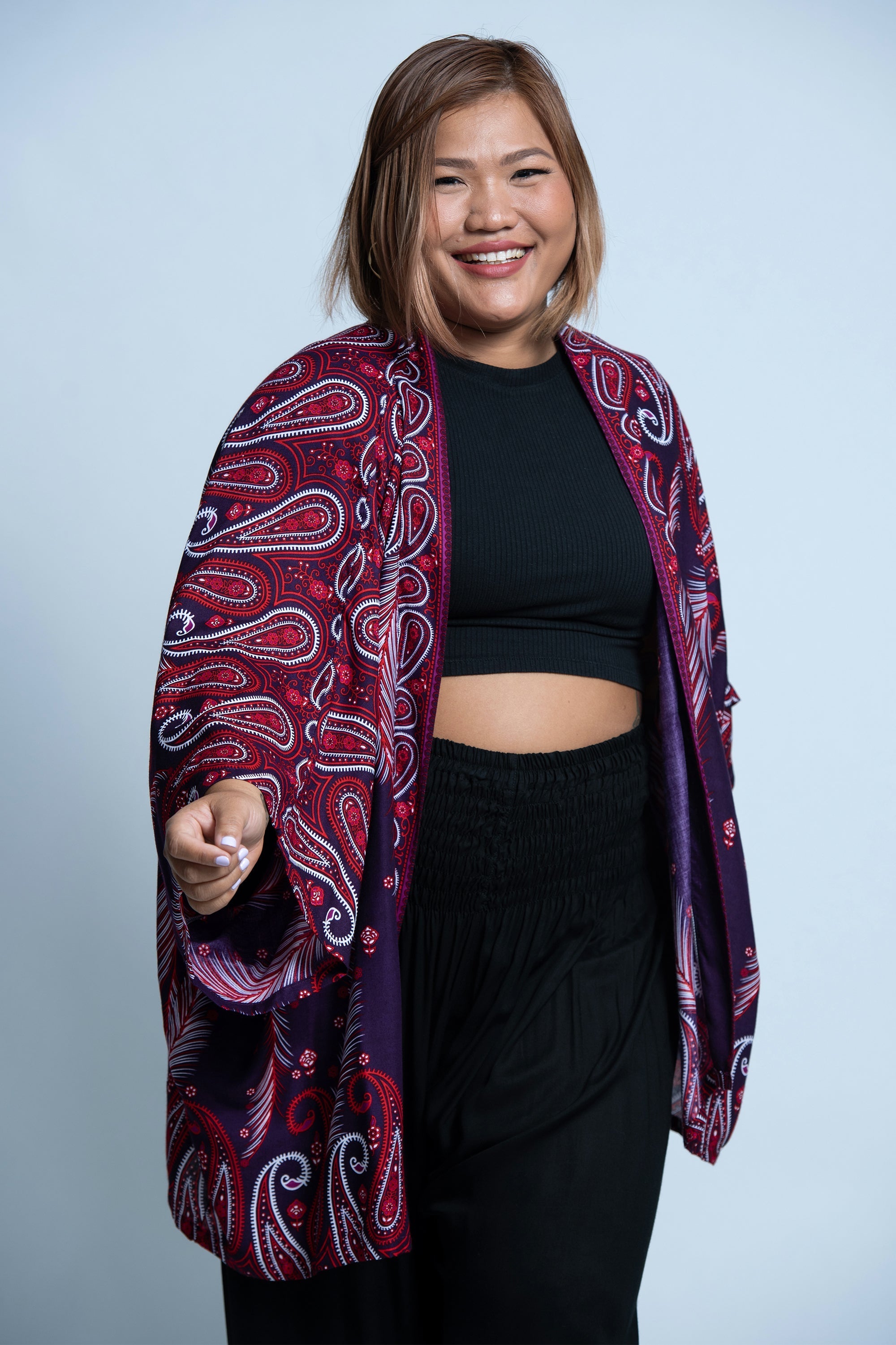 Paisley Feathers Kimono Cardigan in Purple