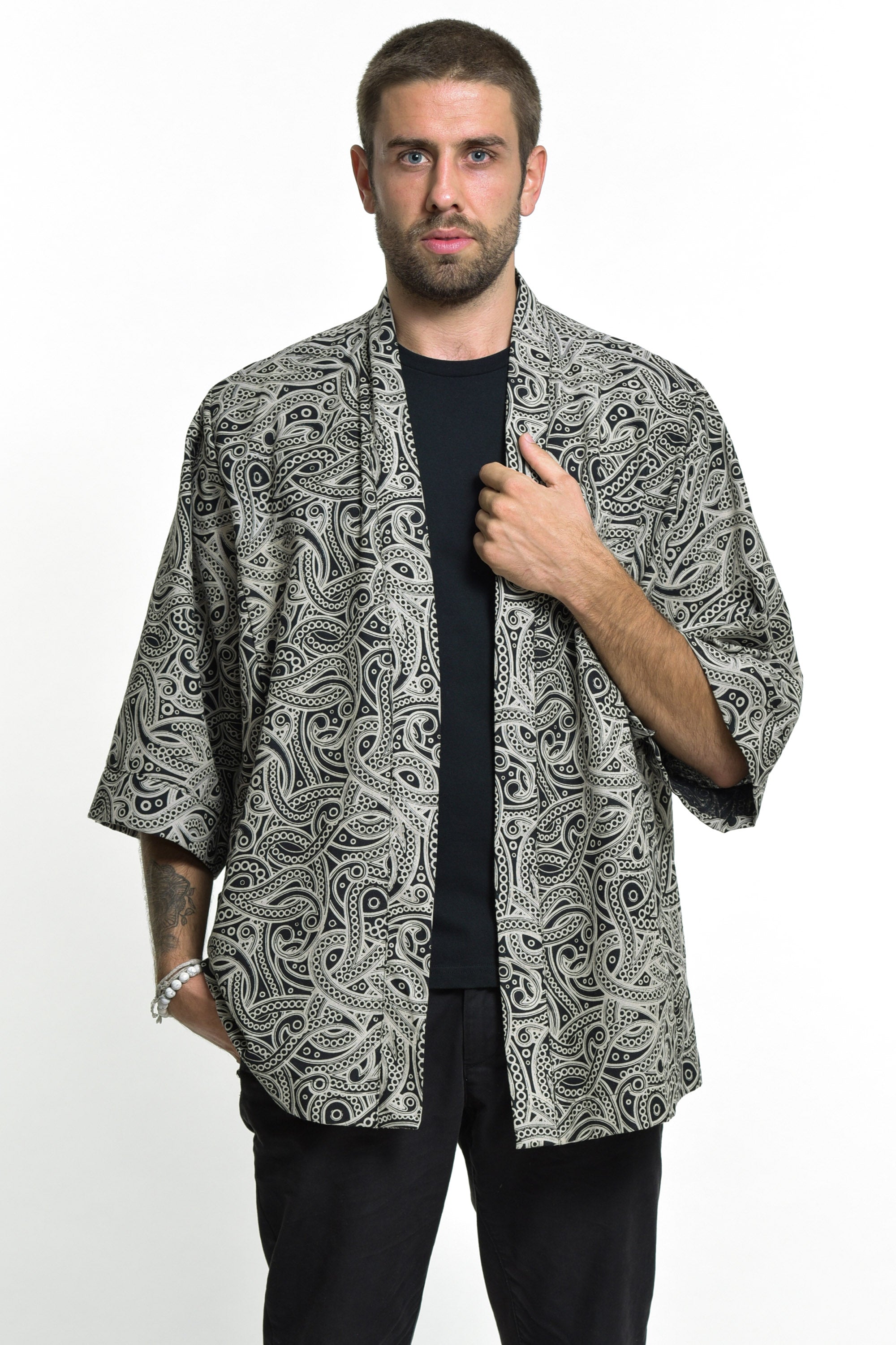 Paisley Print Cotton Kimono Cardigan in Black