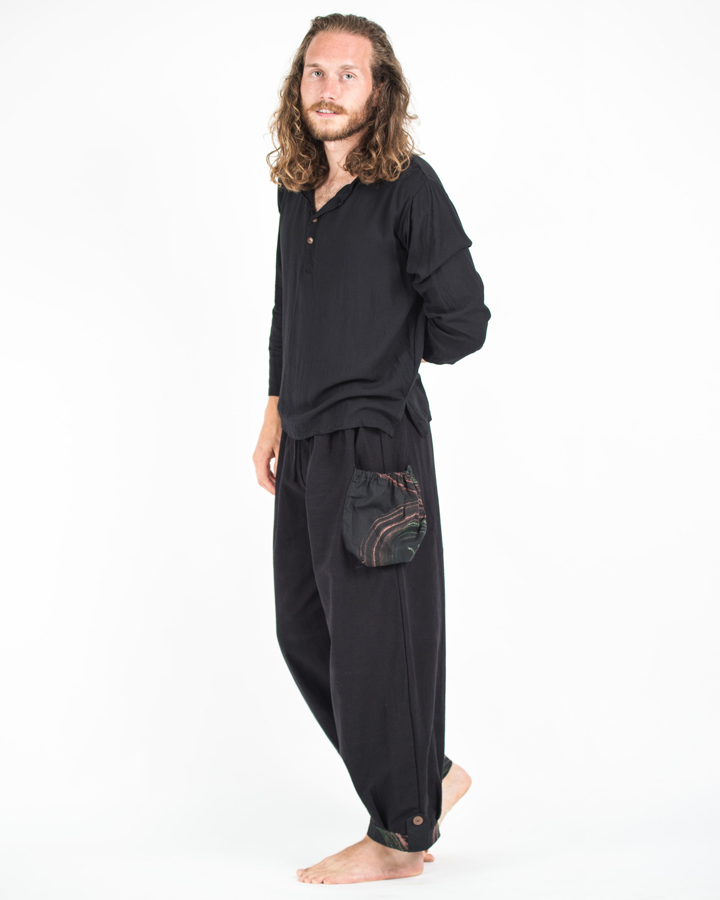 Thai Cotton Men Drawstring Pants With Hill Tribe Trim Black