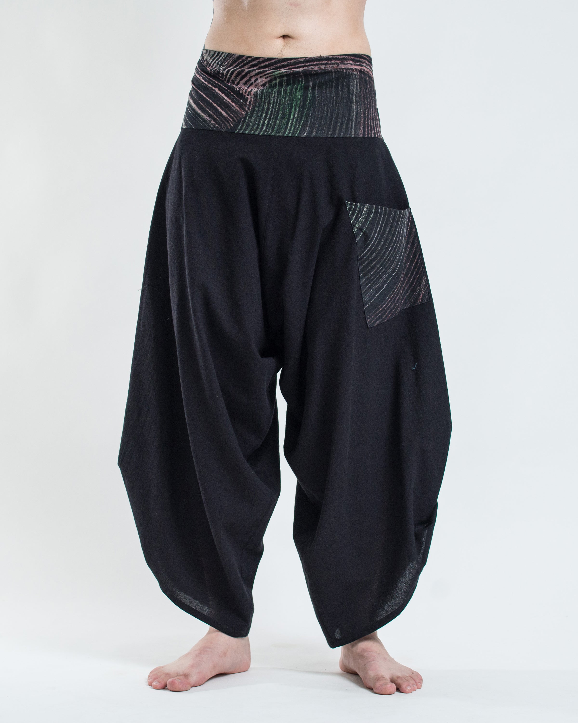 Men's Thai Button Up Cotton Pants with Hill Tribe Trim Black