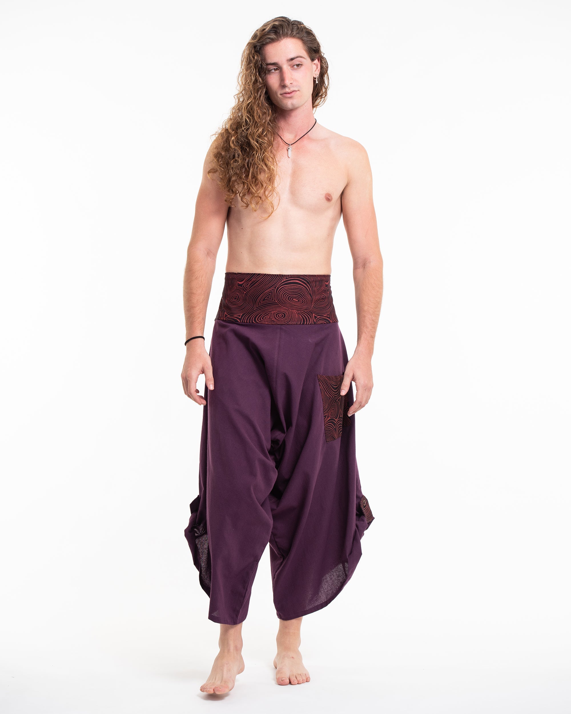Men's Thai Button Up Cotton Pants with Hill Tribe Trim Purple