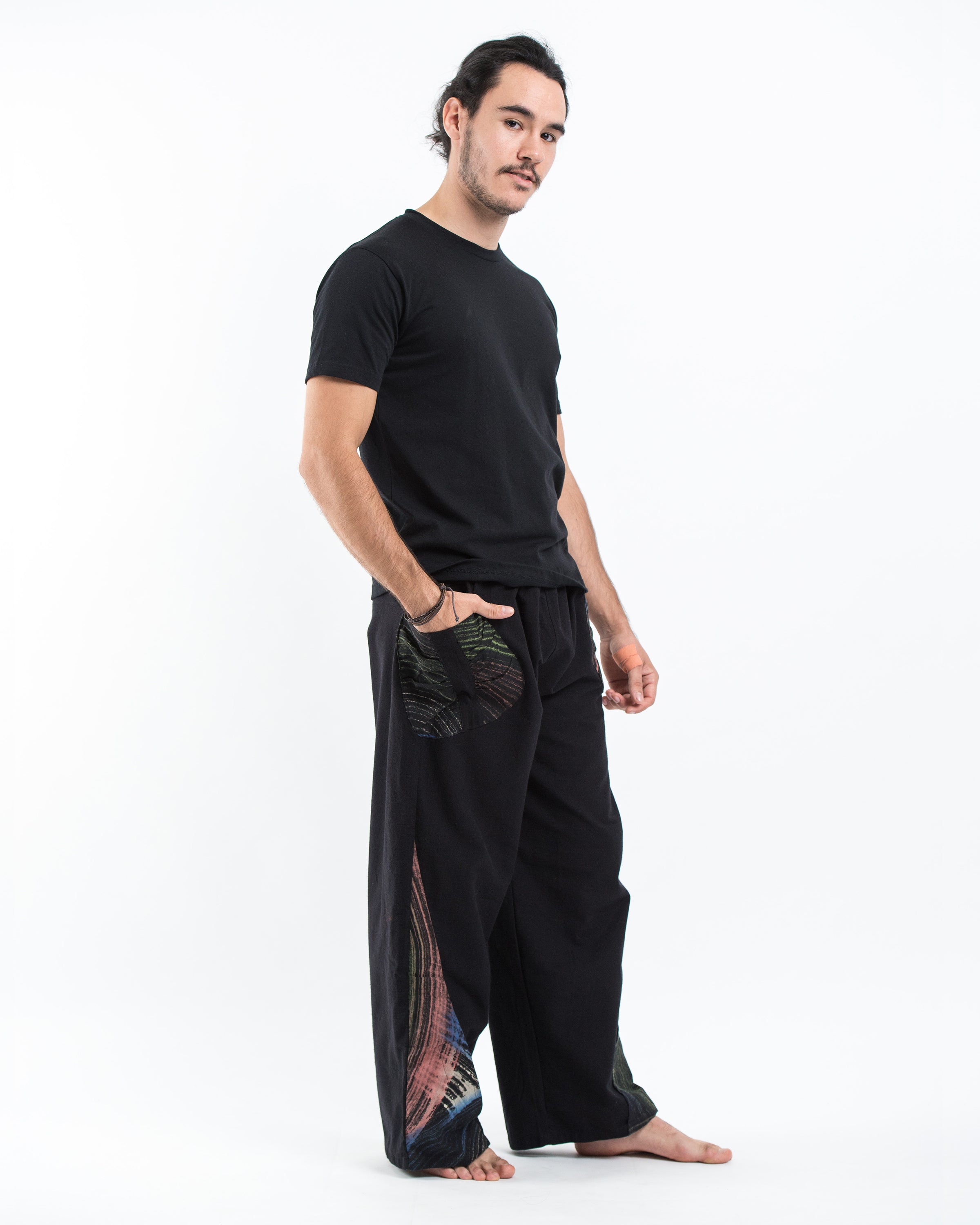 Thai Cotton Men's Pants With Hill Tribe Trim in Black