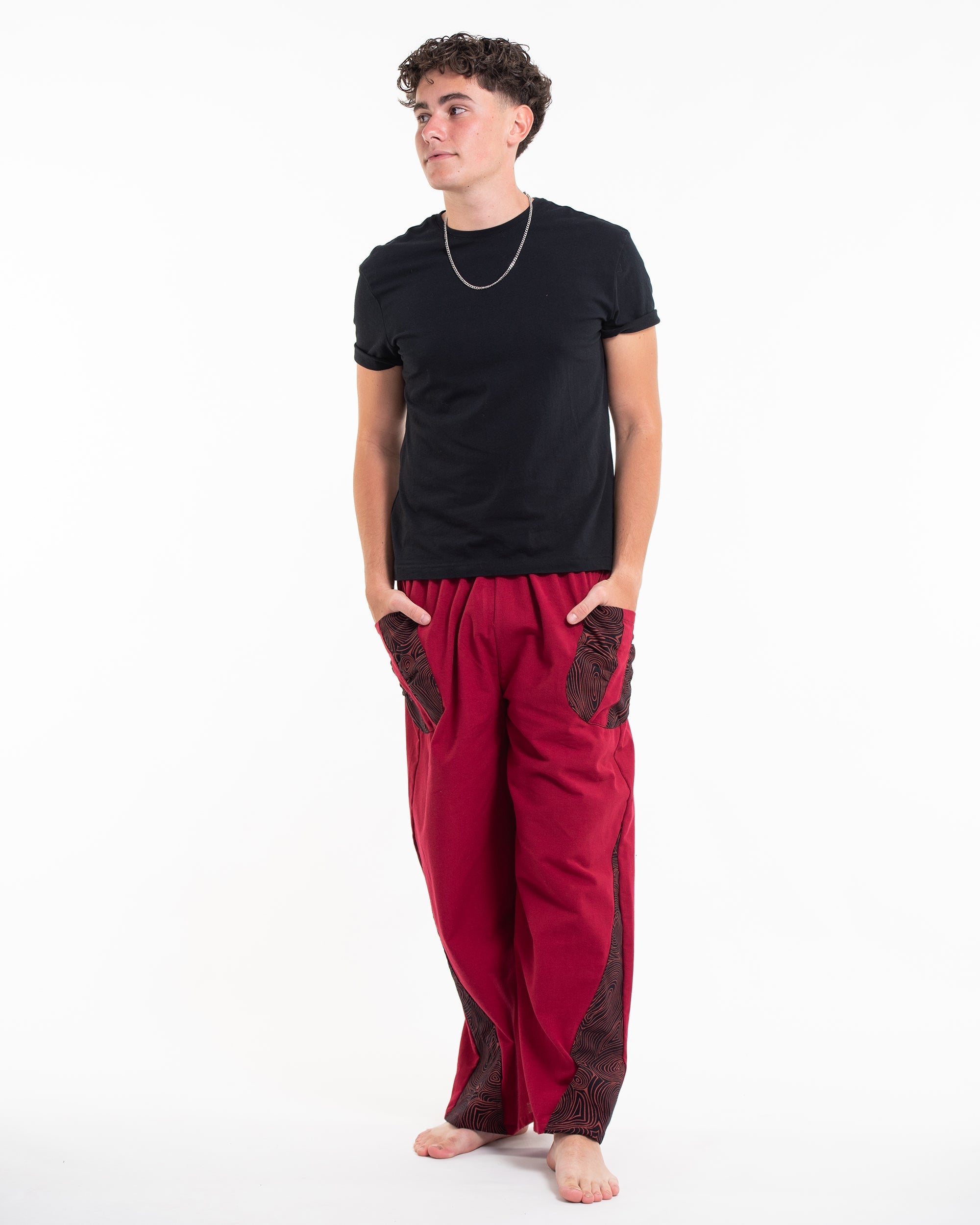 Thai Cotton Men's Pants With Hill Tribe Trim in Red