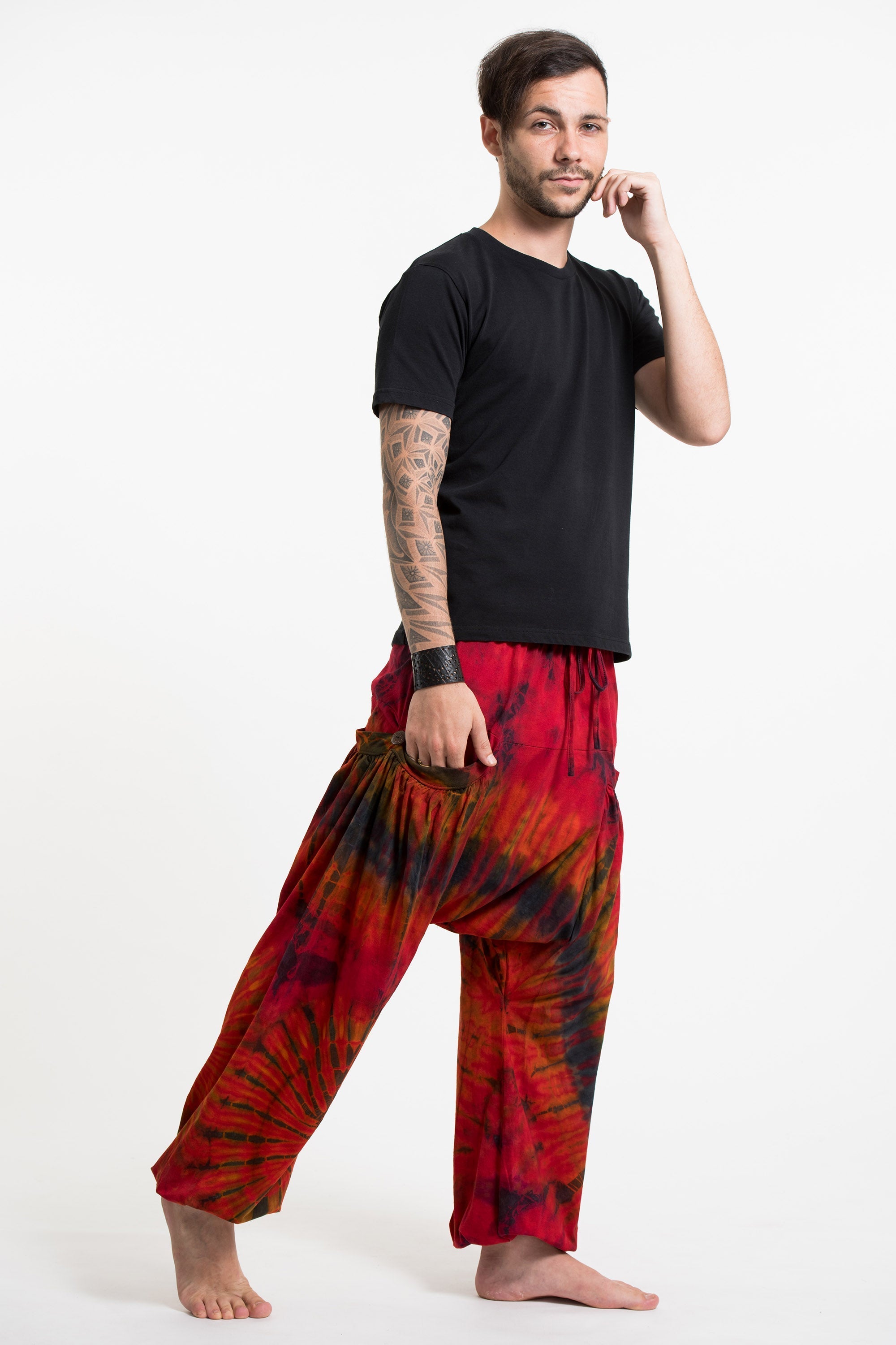 Tie Dye Cotton Men Harem Pants in Red