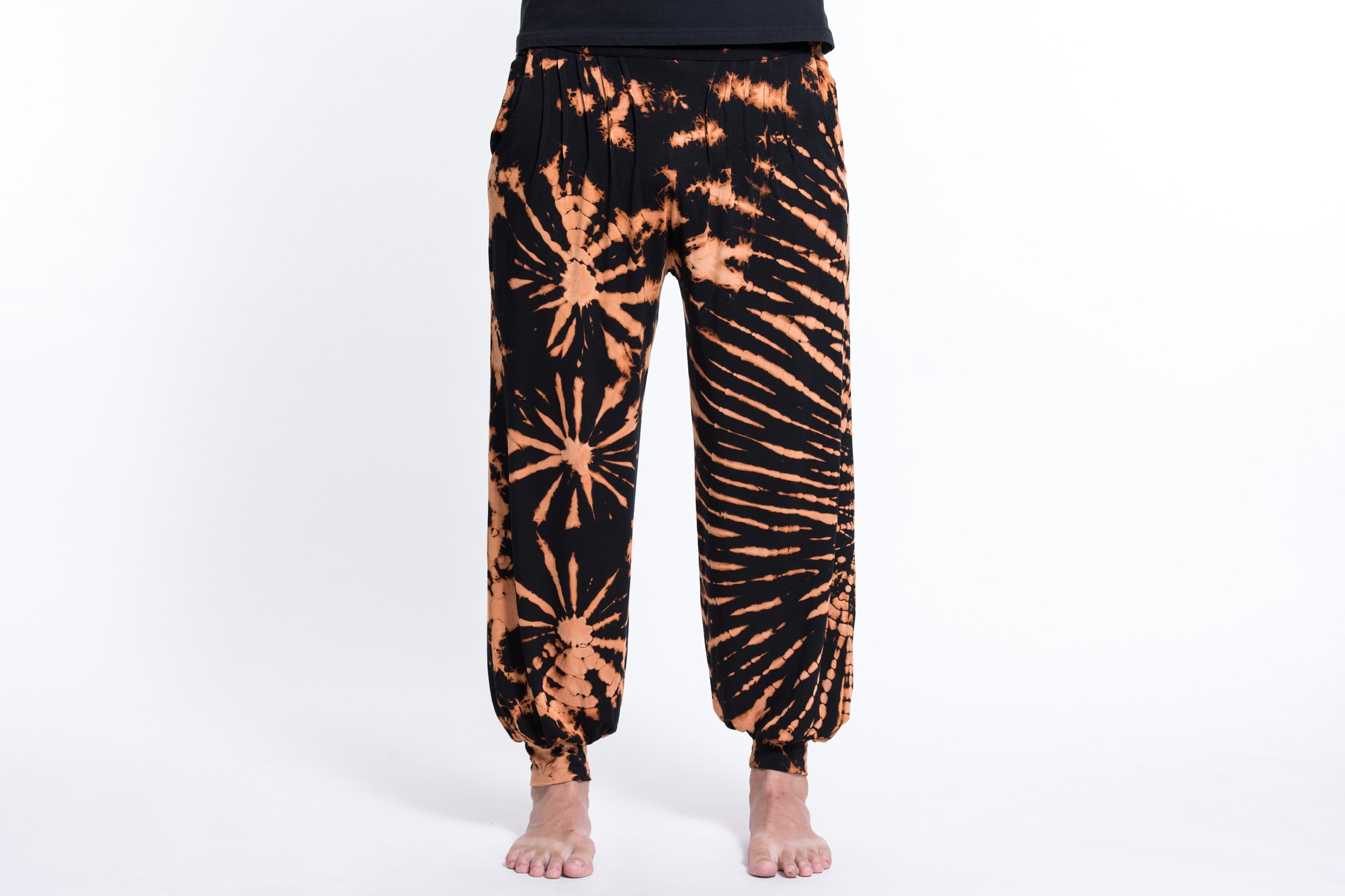 Tie Dye Cotton Men Harem Pants in Black Orange
