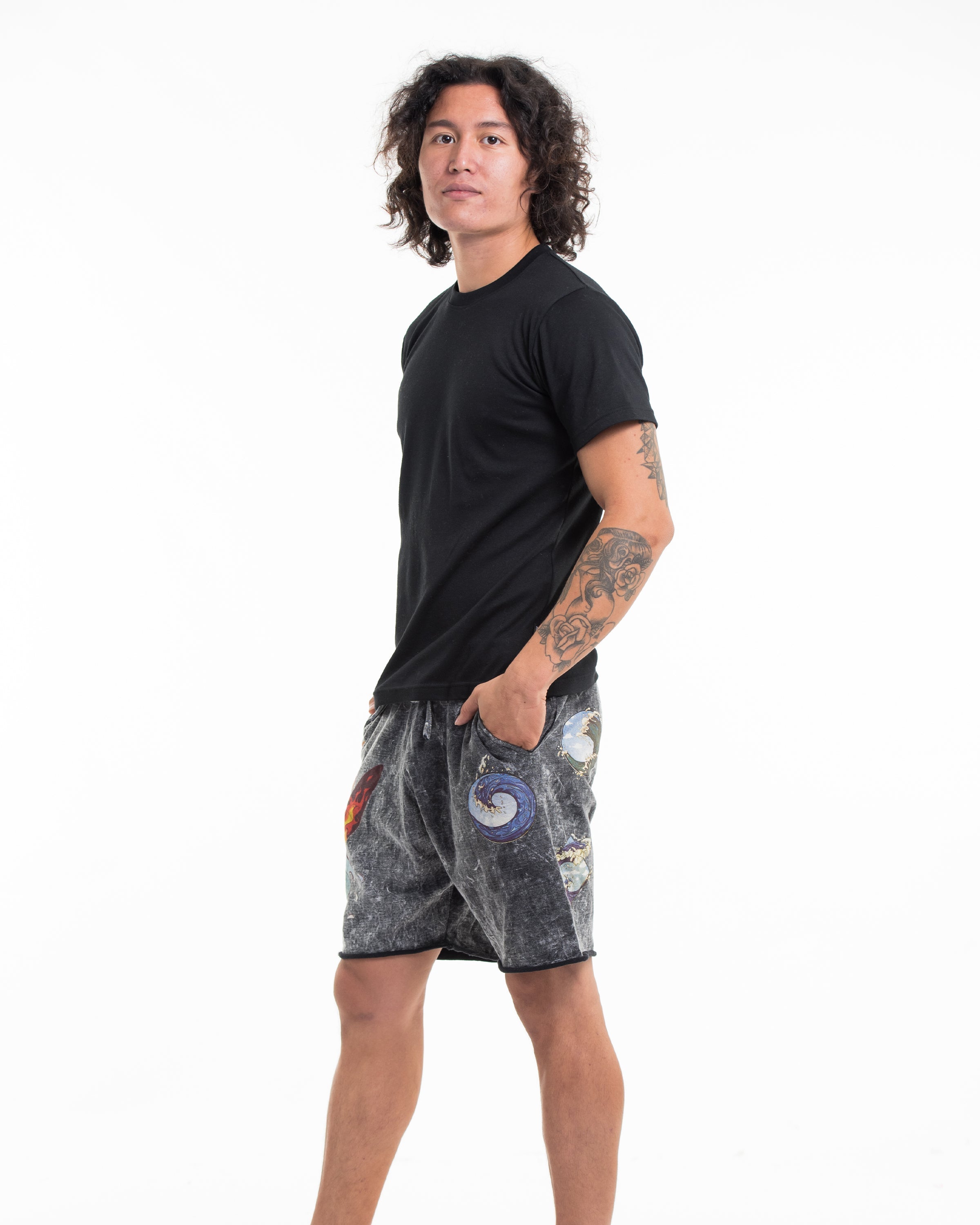 Unisex Wave Stone Washed Shorts in Black
