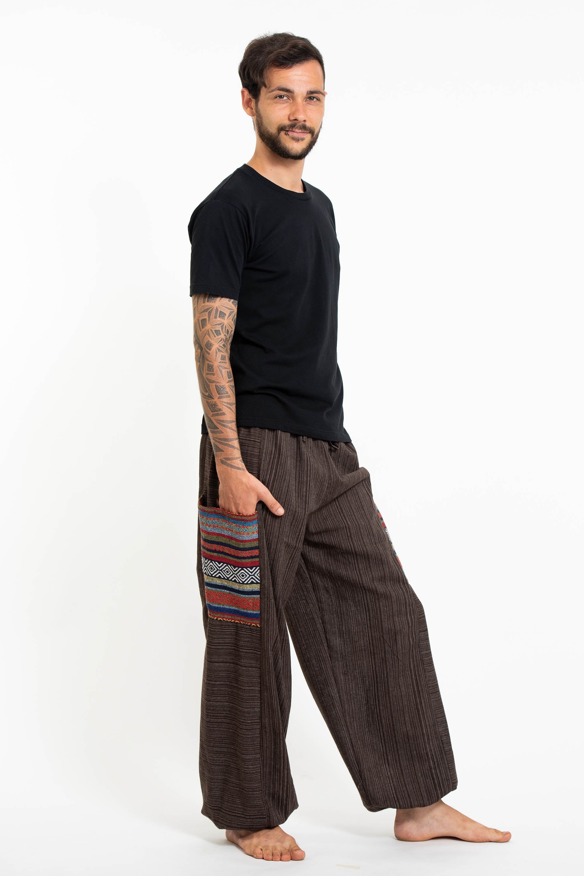 Men's Drawstring Pinstripes Cotton Pants with Aztec Pocket in Brown