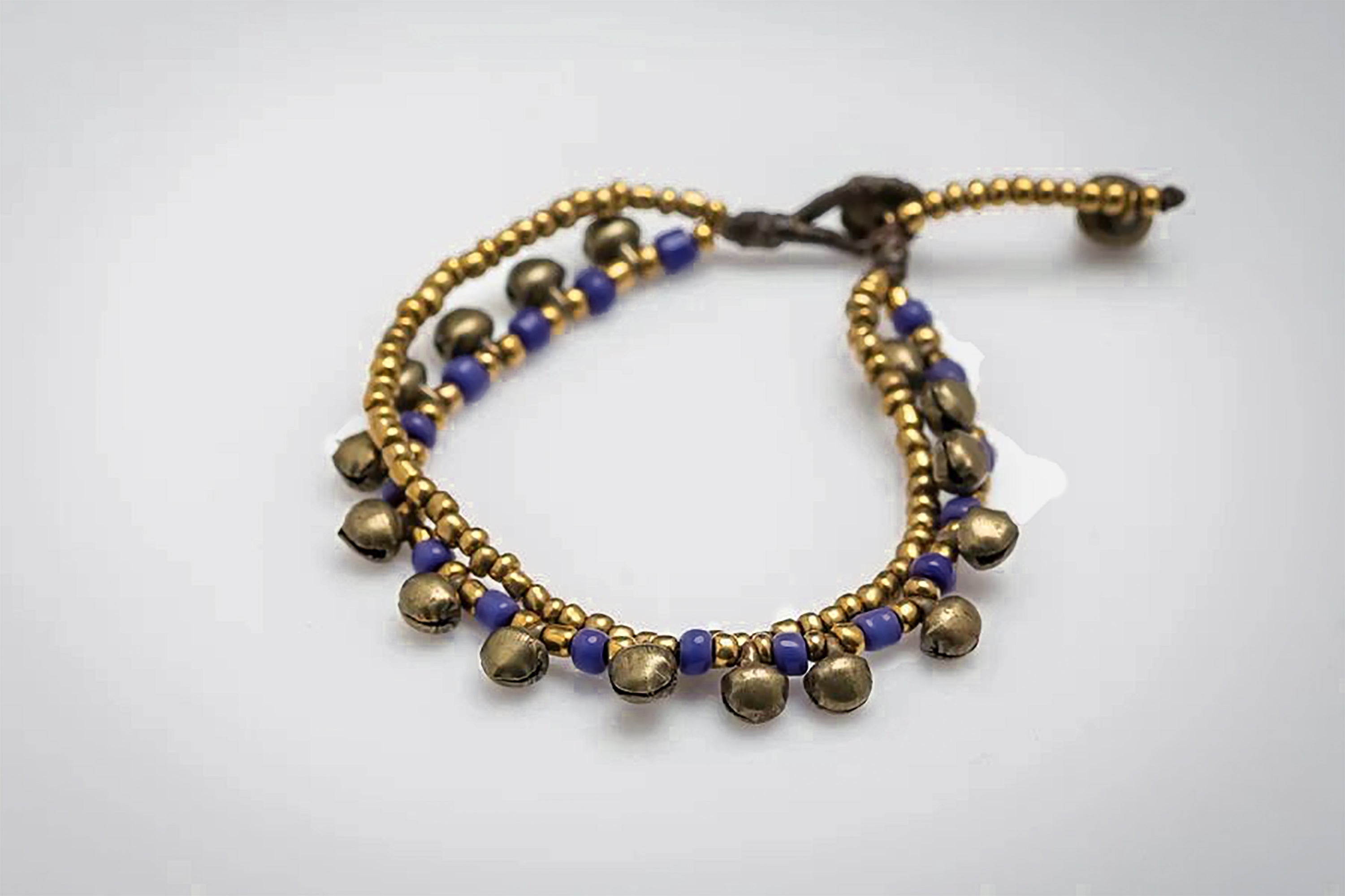 Brass Bell And Blue Bead Double Strand Bracelets
