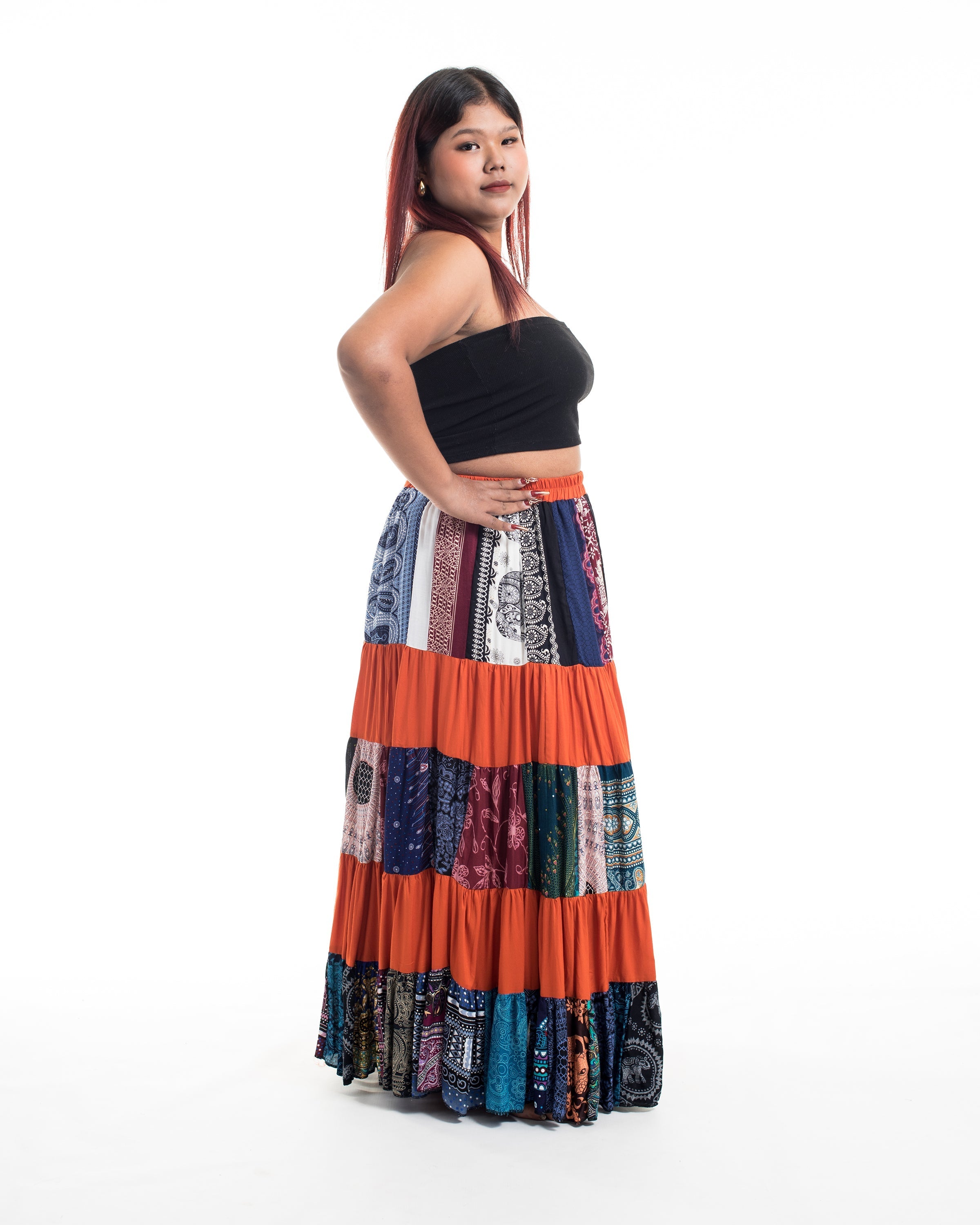 Plus Size Patchwork Long Skirt in Orange