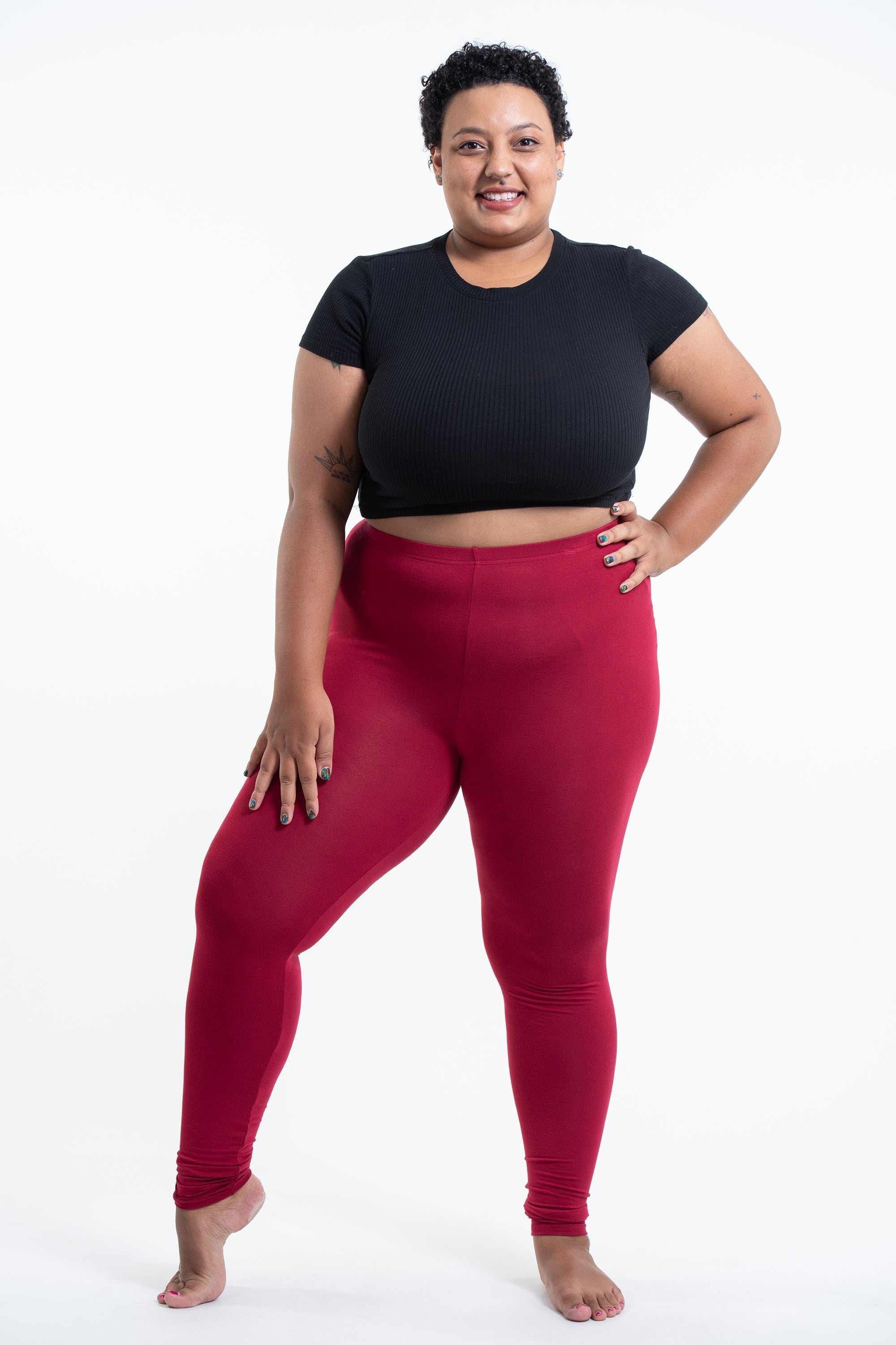 Plus Size Solid Color Cotton Leggings in Red