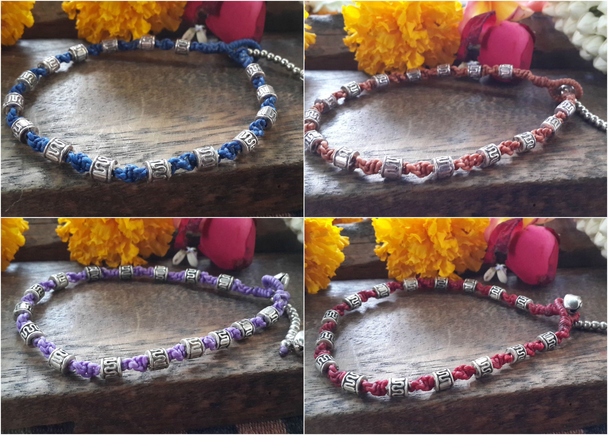 Hand Made Fair Trade Anklet Waxed Cotton Silver Beads Green