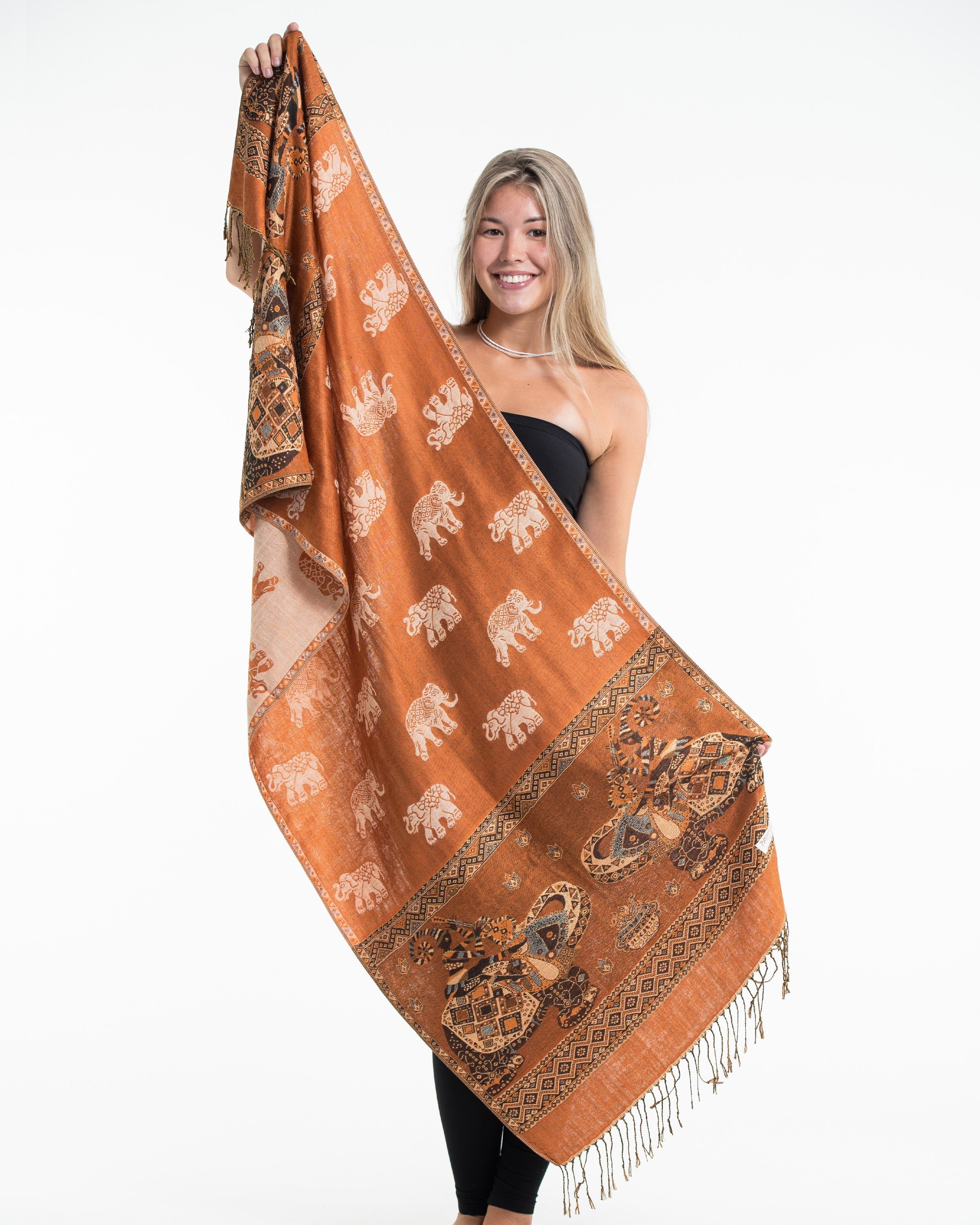 Nepal Elephant Pashmina Shawl Scarf in Rust
