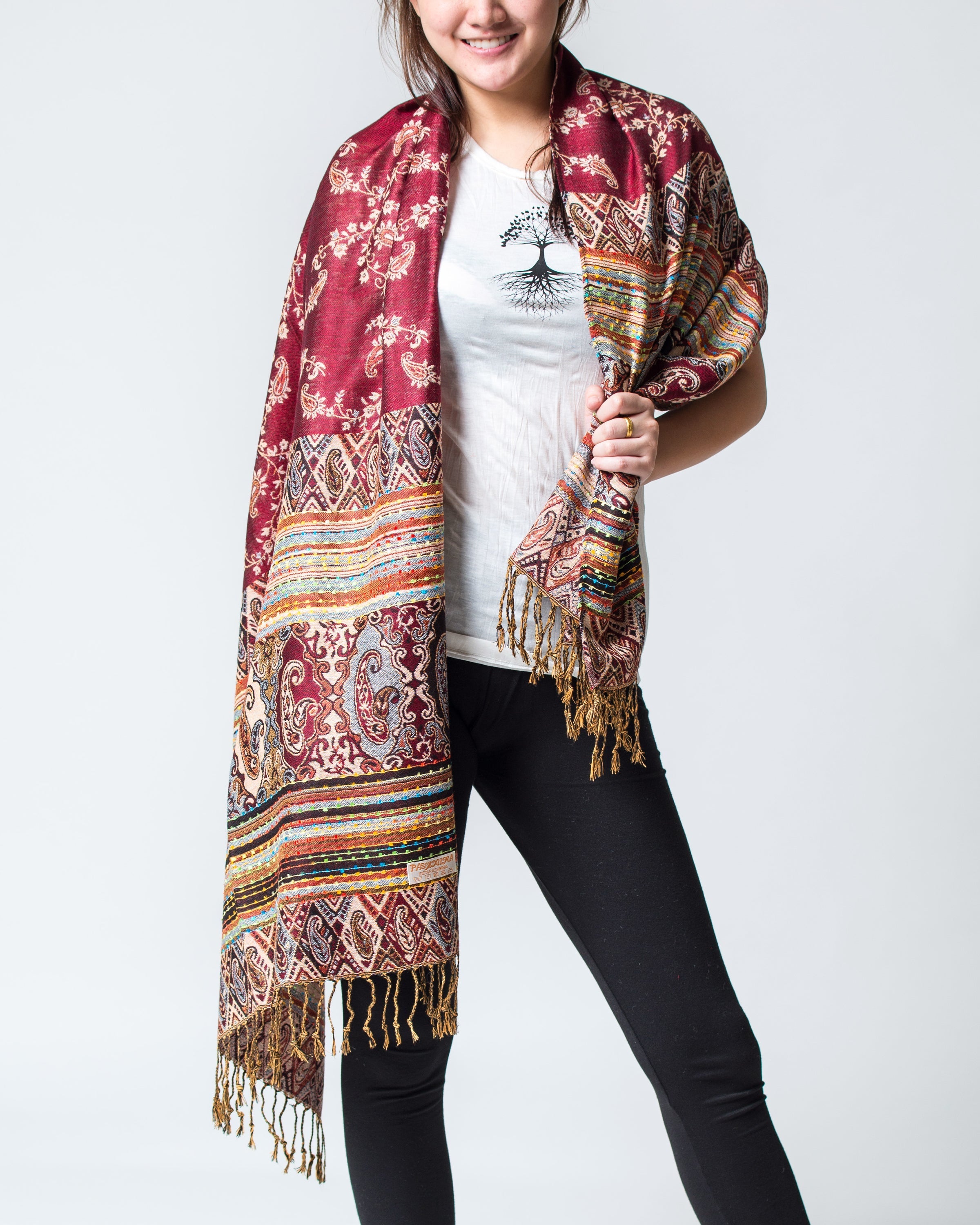 Nepal Floral Paisley Pashmina Shawl Scarf in Red