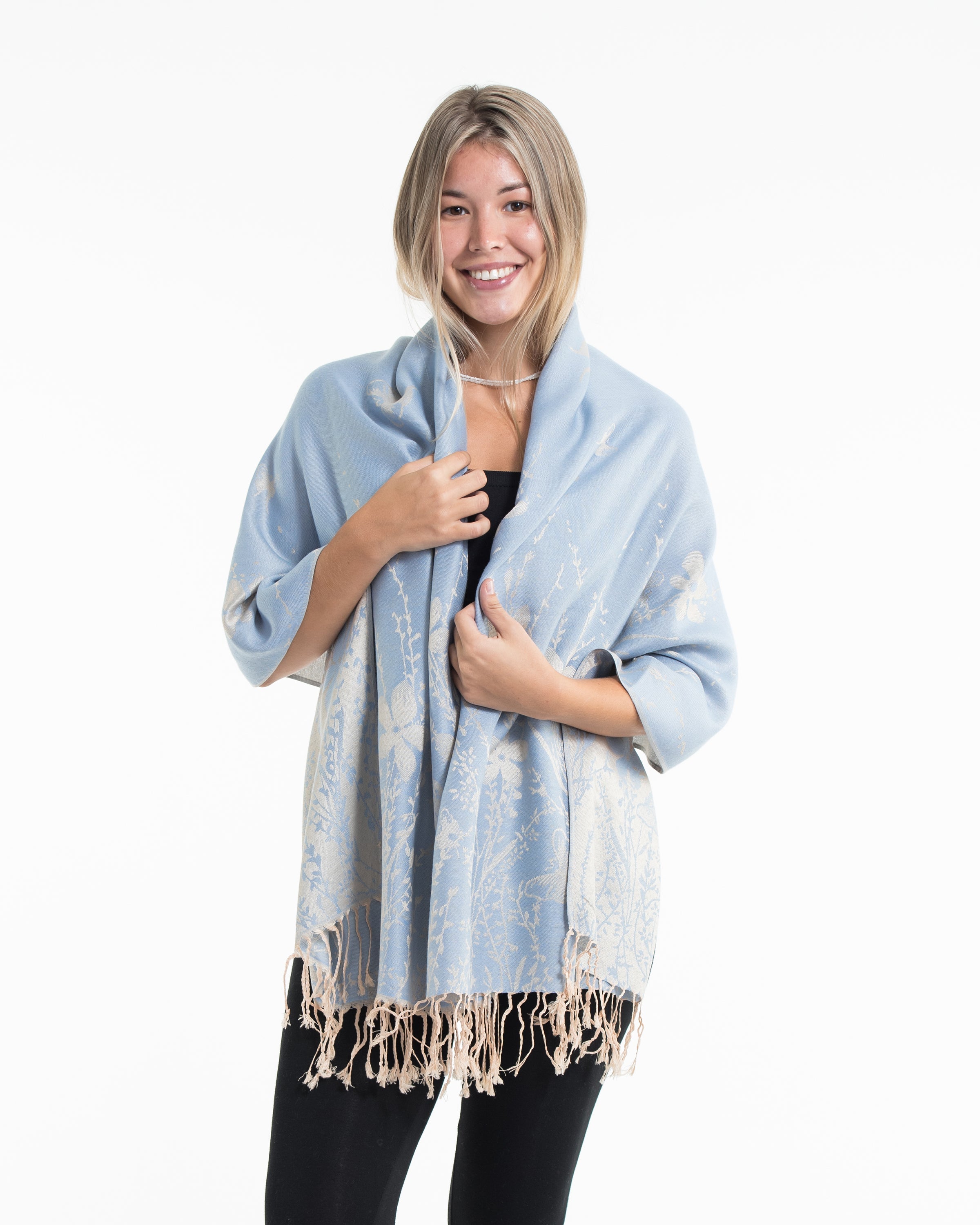 Nepal Floral Butterfly Pashmina Shawl Scarf in Blue