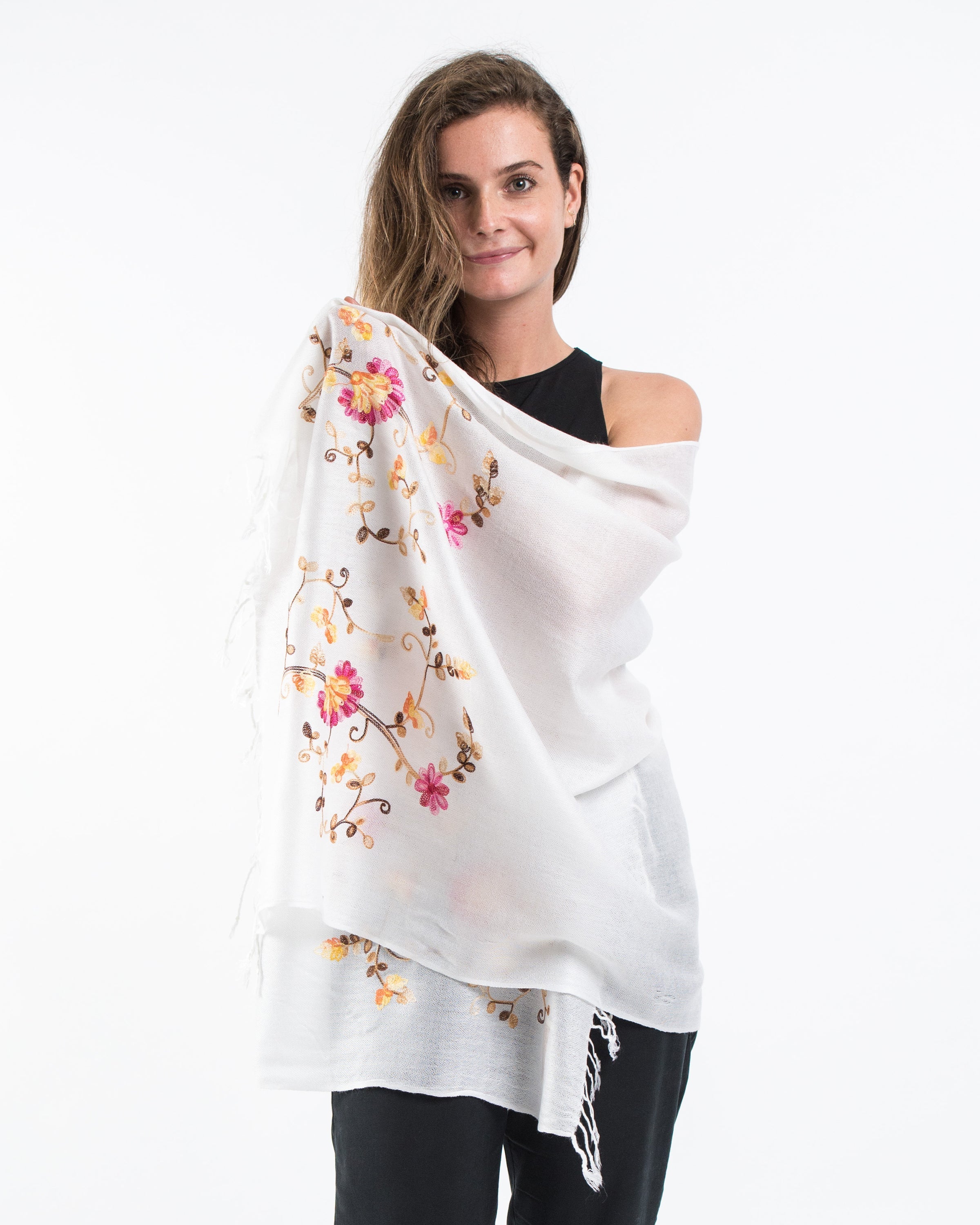 Nepal Floral Embroidered Pashmina Shawl Scarf in White