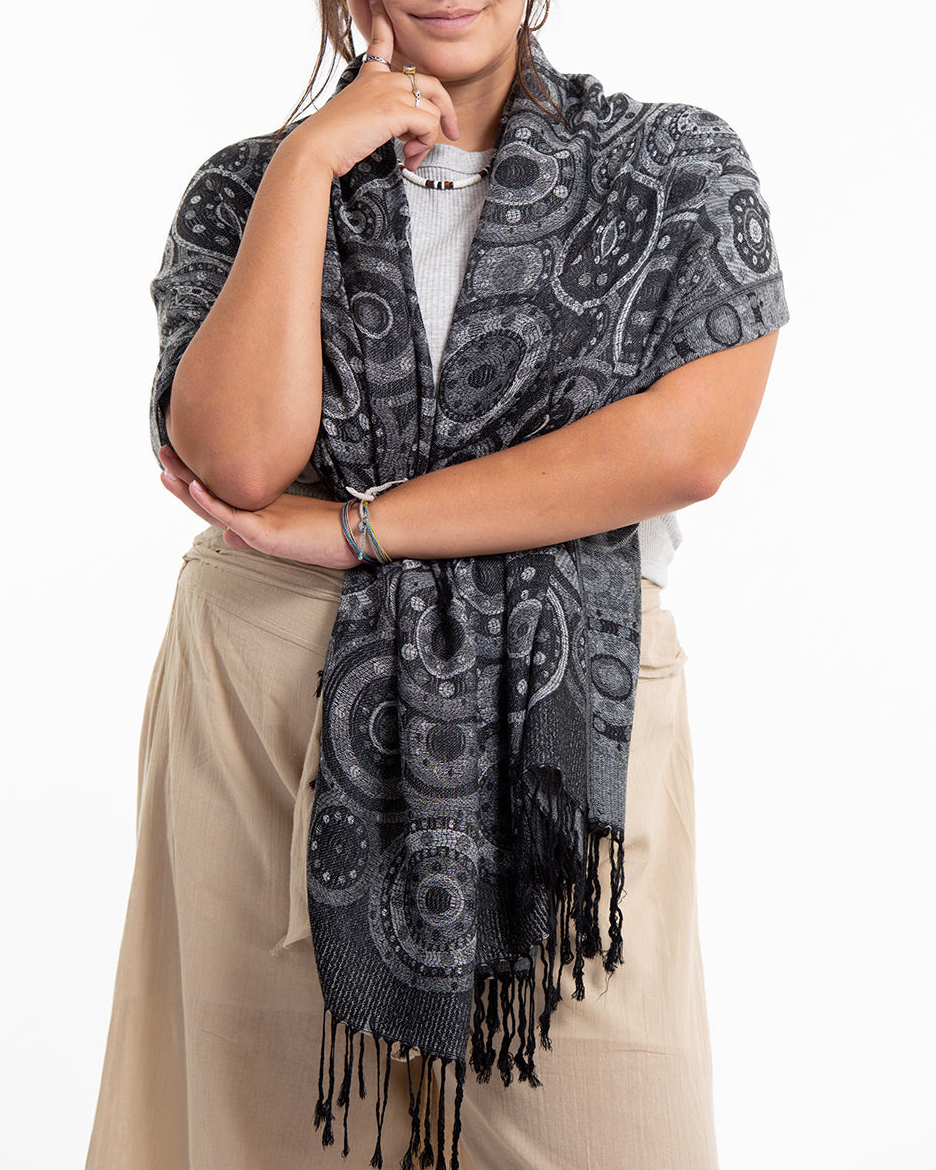 Nepal Mandalas Pashmina Shawl Scarf in Black
