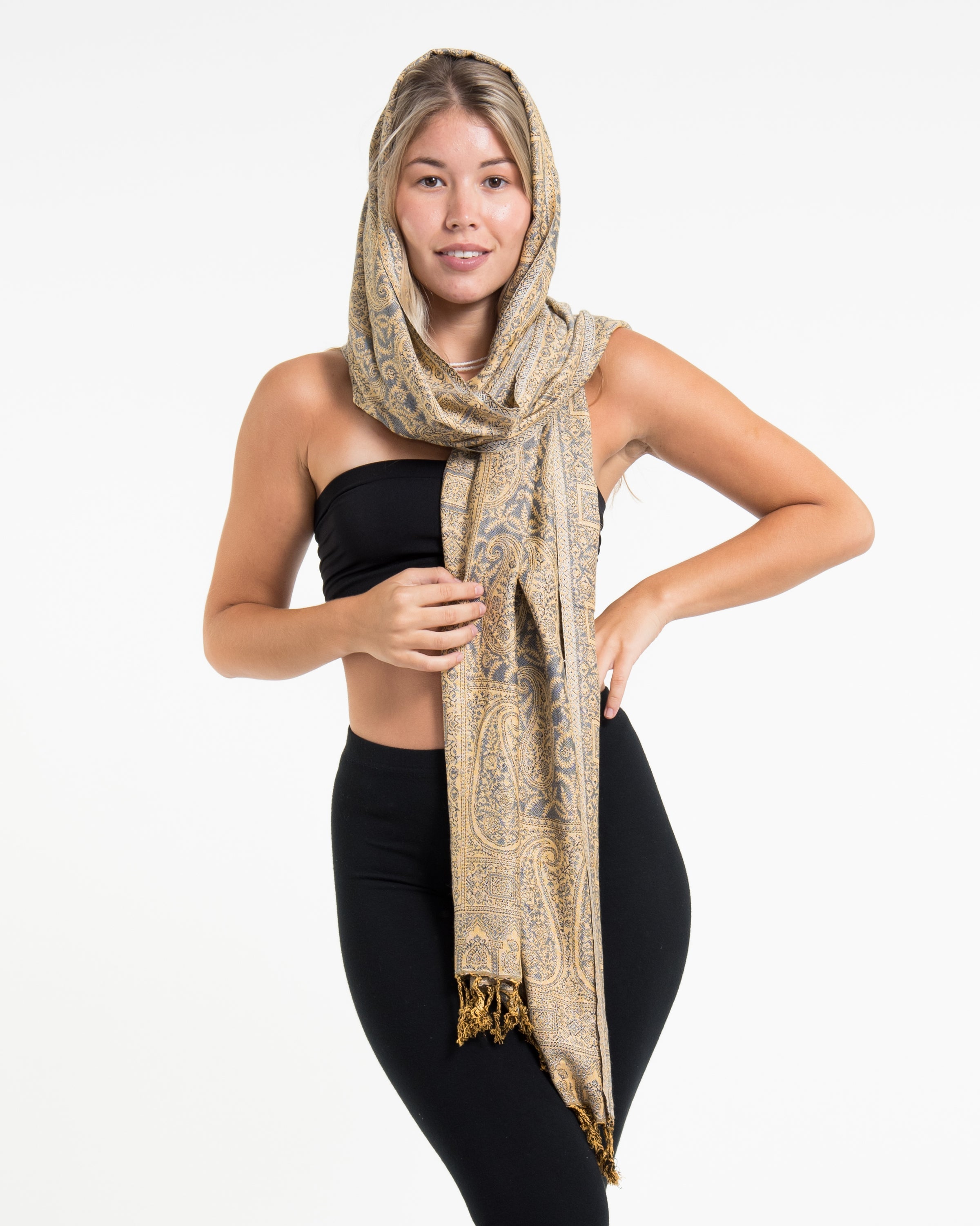 Indian Traditional Paisley Pashmina Shawl Scarf in Blue Gray