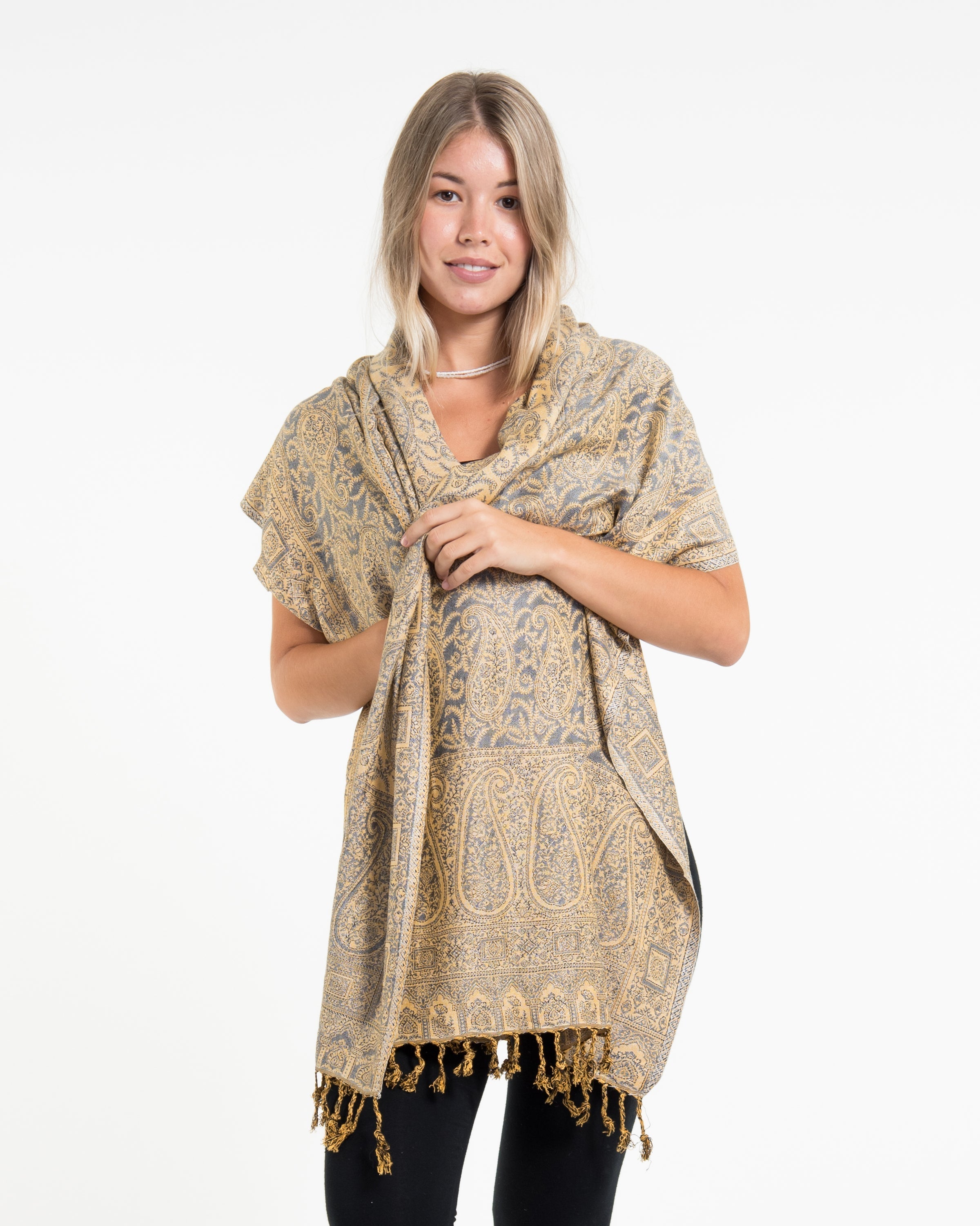 Indian Traditional Paisley Pashmina Shawl Scarf in Blue Gray
