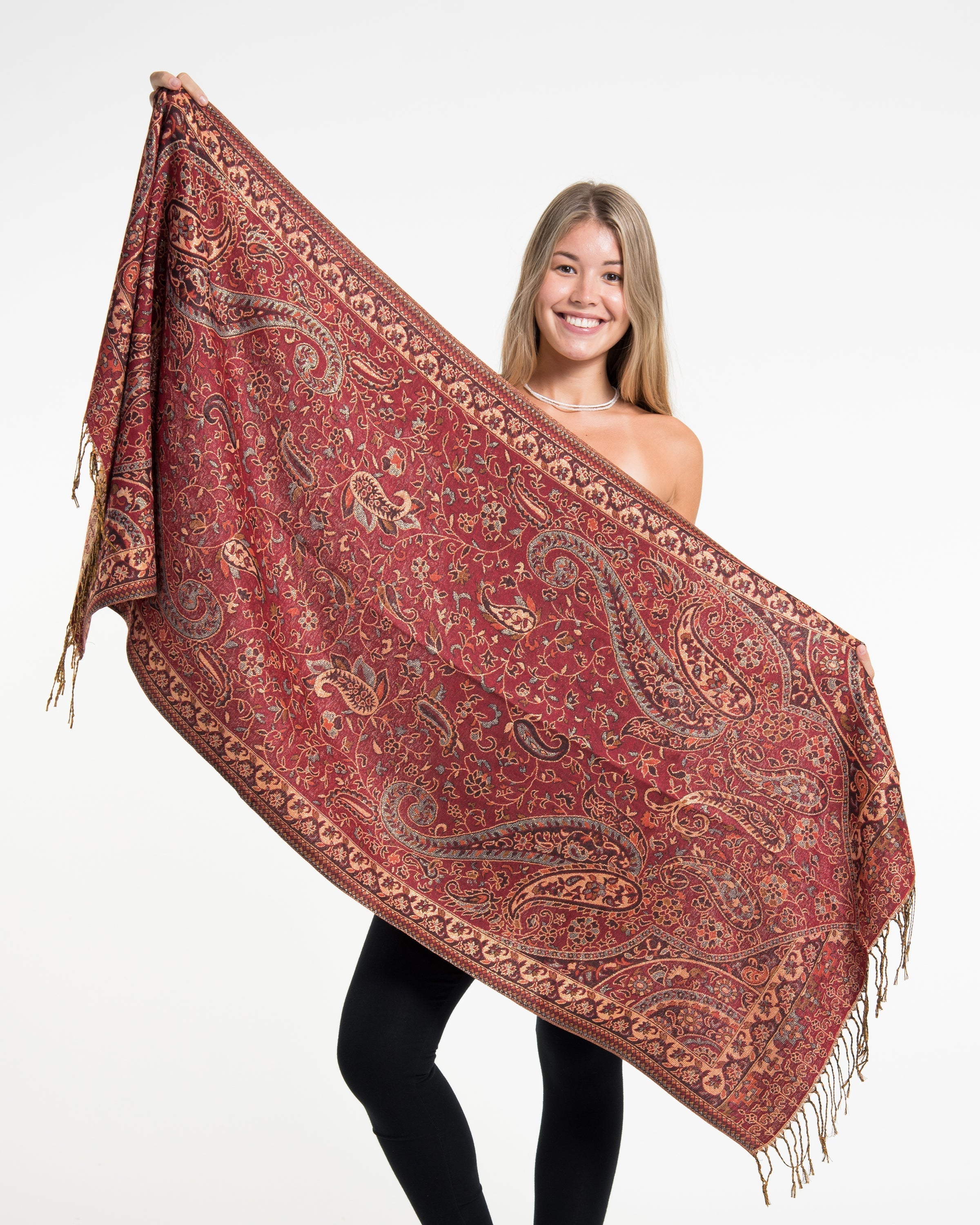 Nepal Traditional Paisley Pashmina Shawl Scarf in Red