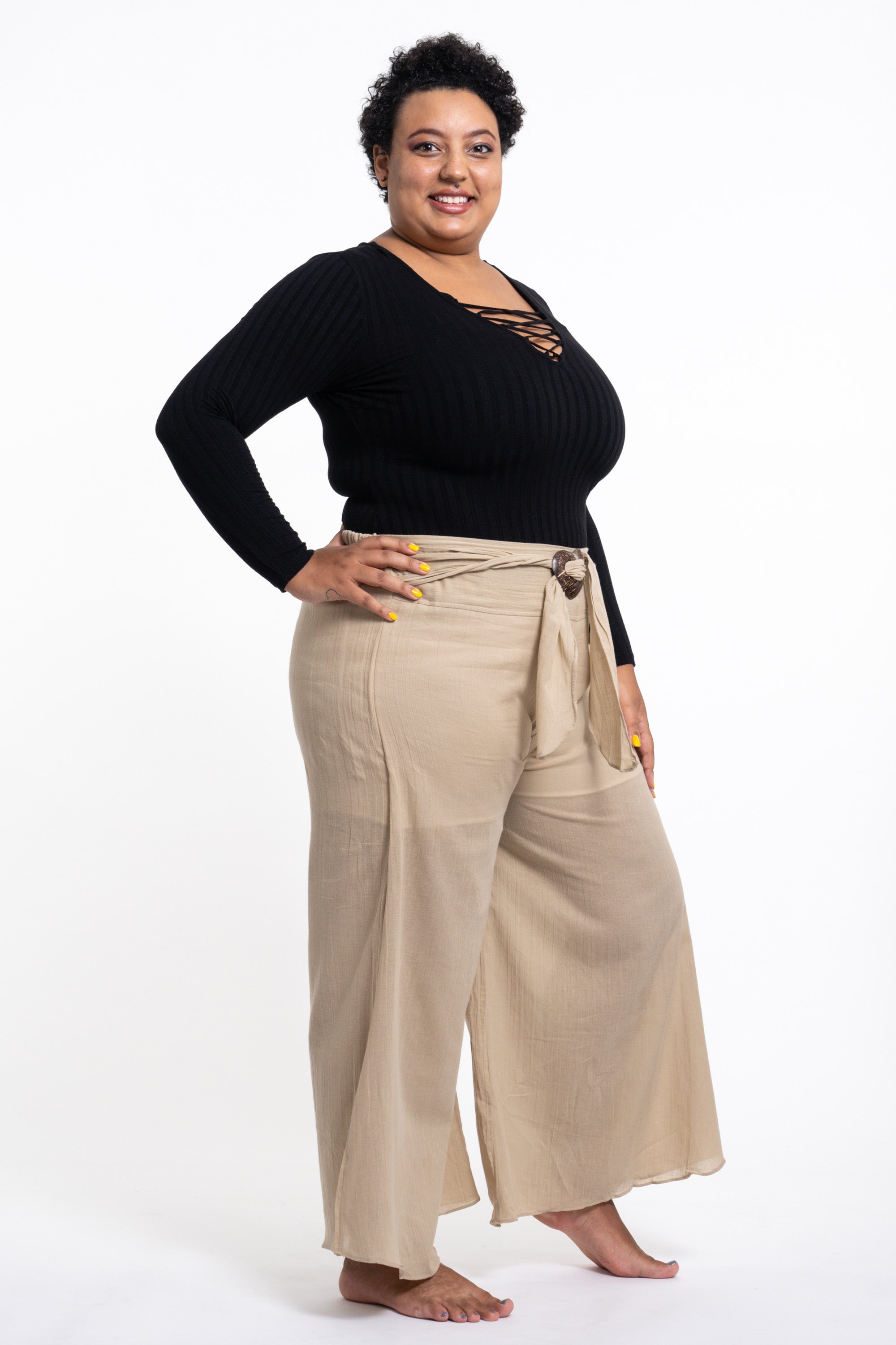 Plus Size Women's Thai Harem Palazzo Pants in Solid Tan