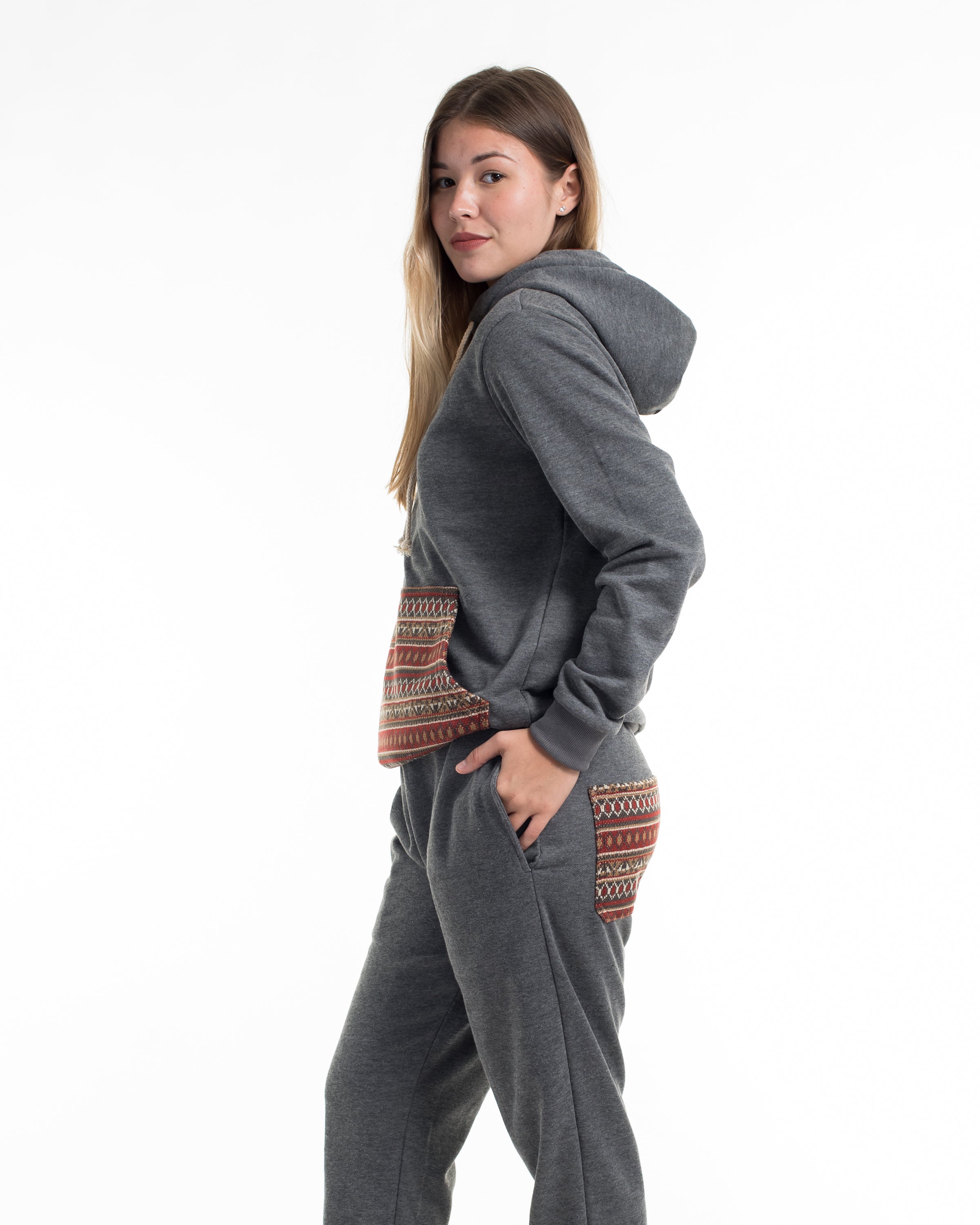 Unisex Terry Pullover Hoodie with Tribal Pockets in Black (Size M - XL)