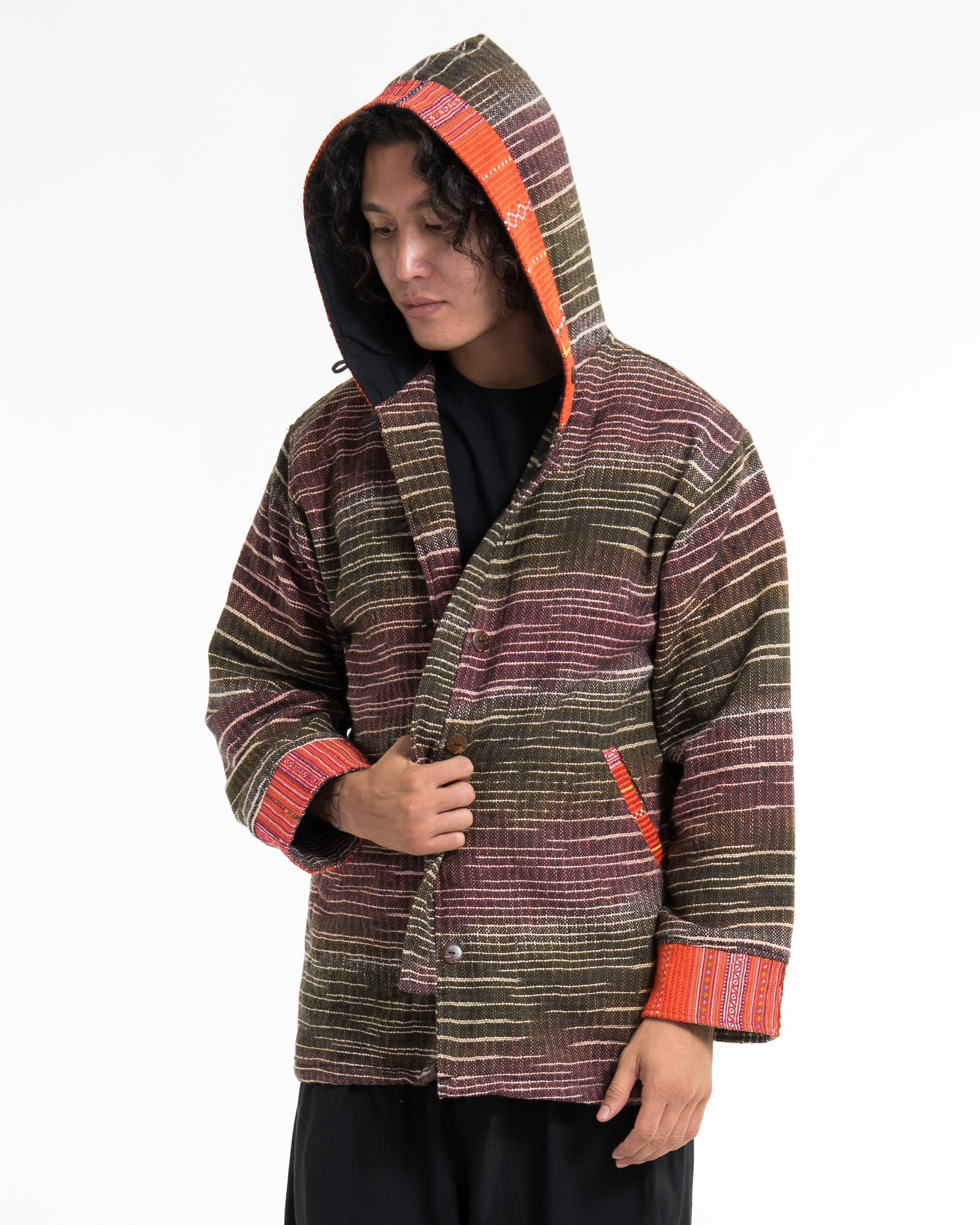 Light Hooded Button Hand-Woven Cotton Embroidered Jacket in Green Burgundy