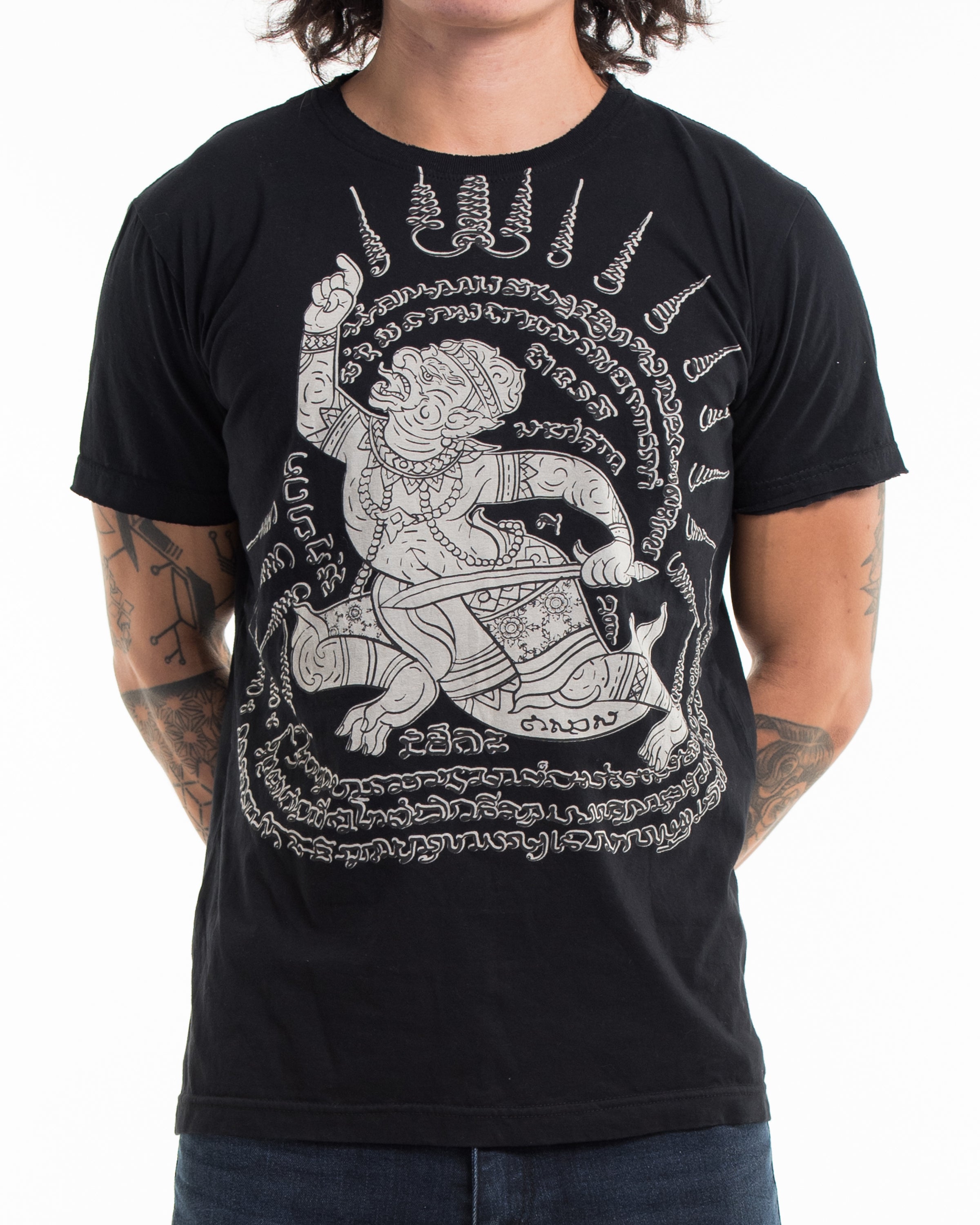 Unisex Hanuman Tattoo Cotton T-Shirt in Black