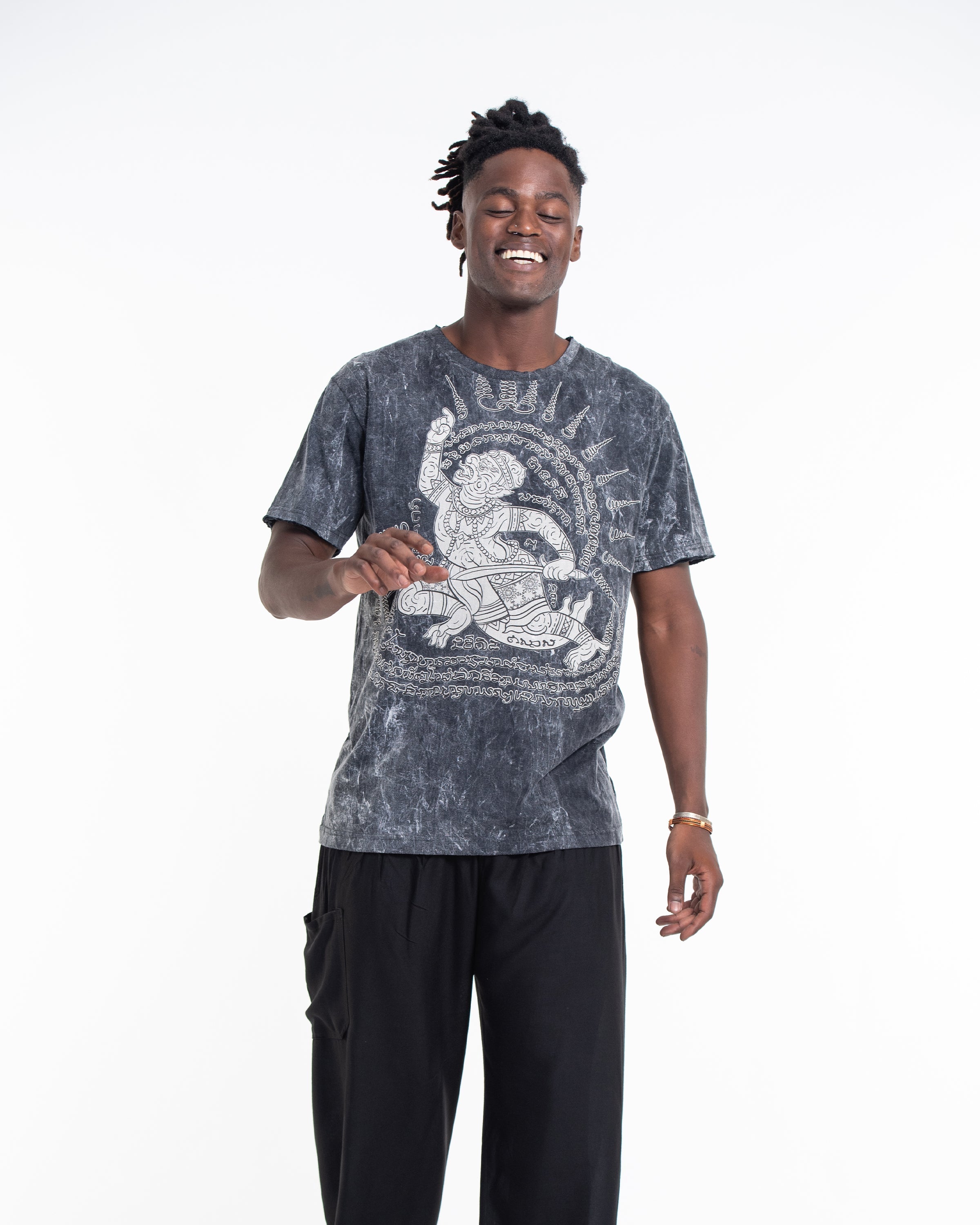Unisex Hanuman Tattoo Stone Washed Cotton T-Shirt in Black