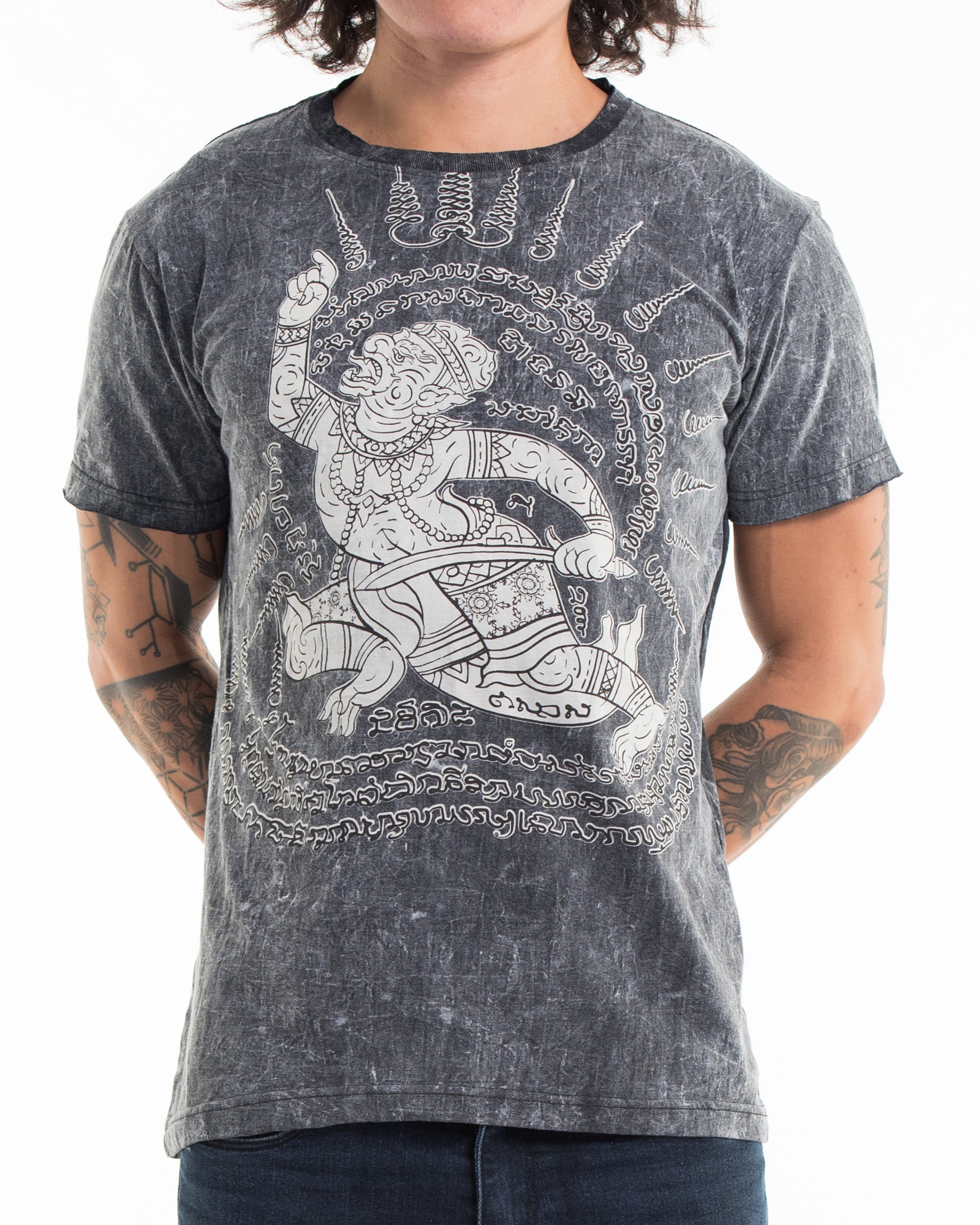 Unisex Hanuman Tattoo Stone Washed Cotton T-Shirt in Black