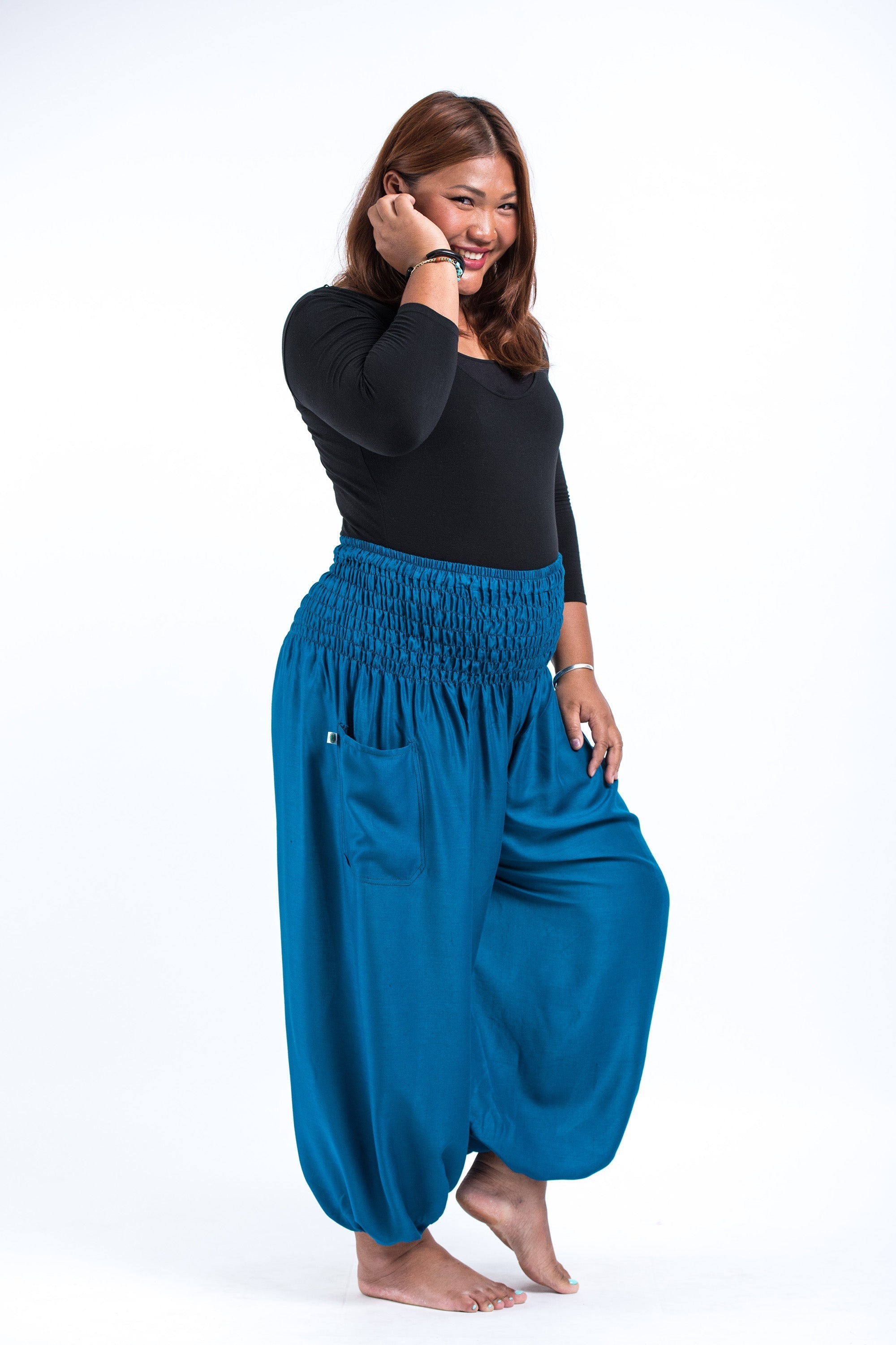 Plus Size Solid Color Women's Harem Pants in Aqua Blue