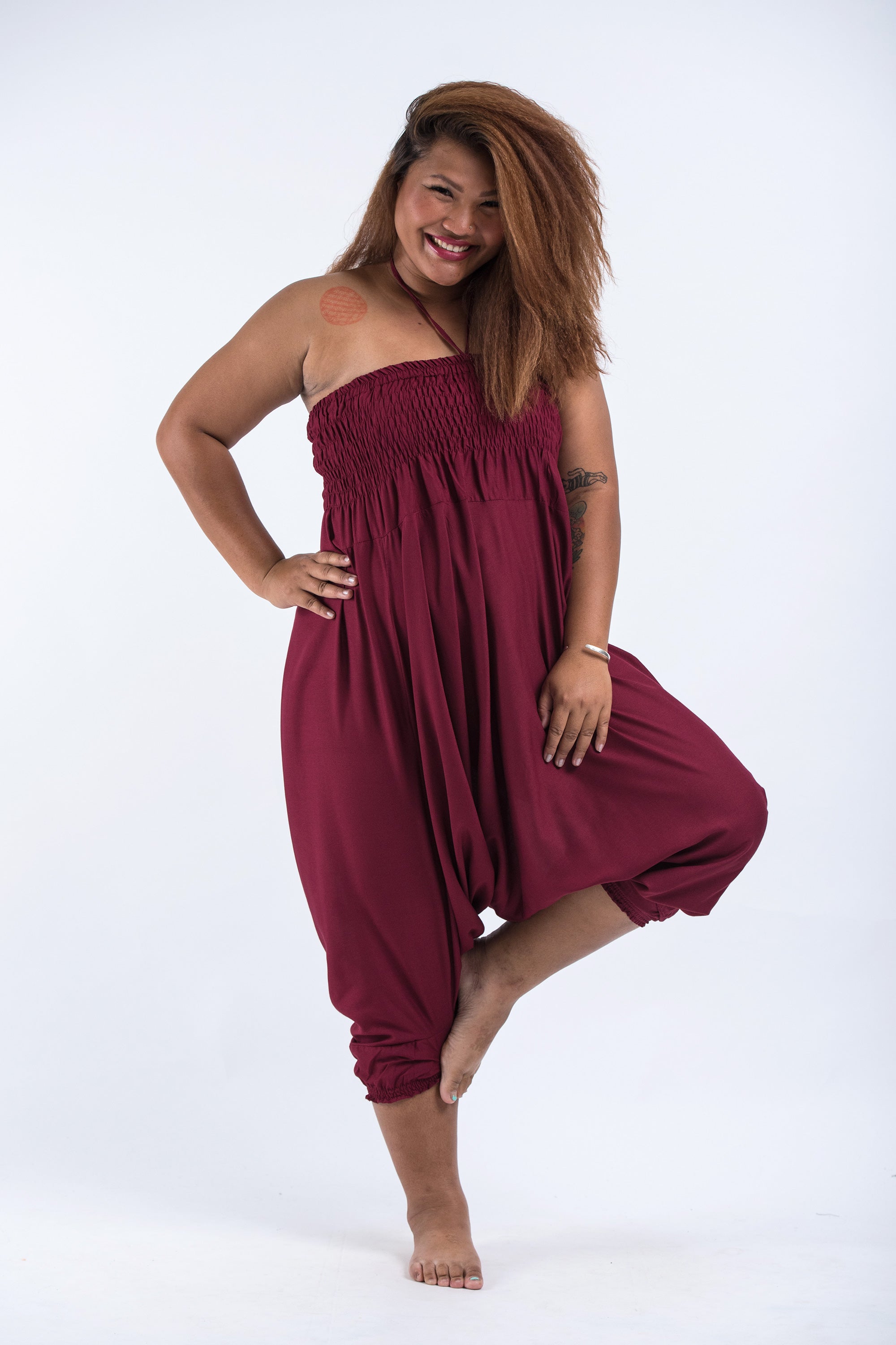 Plus Size Solid Color 2-in-1 Jumpsuit Harem Pants in Red
