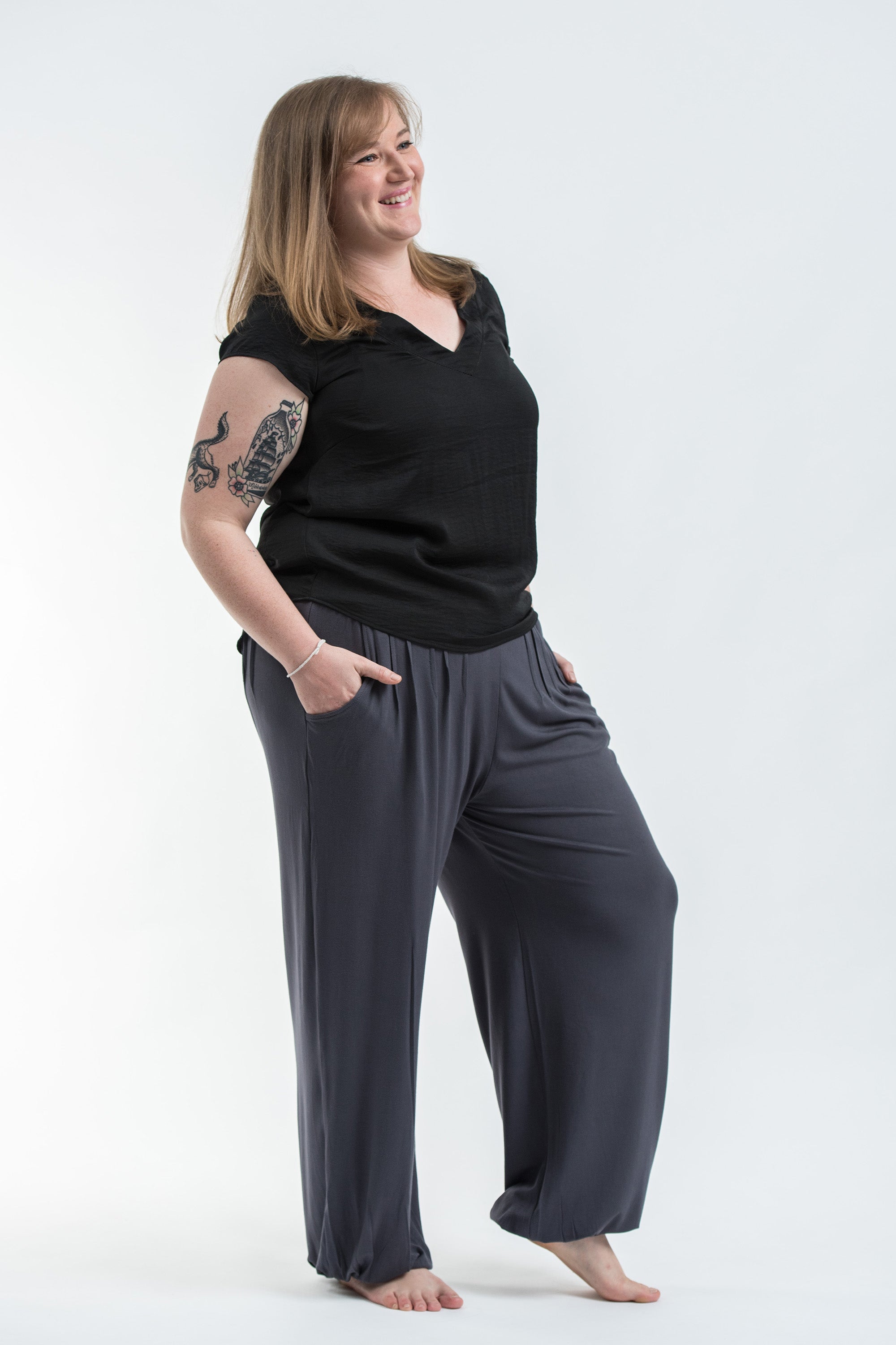 Plus Size Cotton Women Harem Pants in Solid Gray